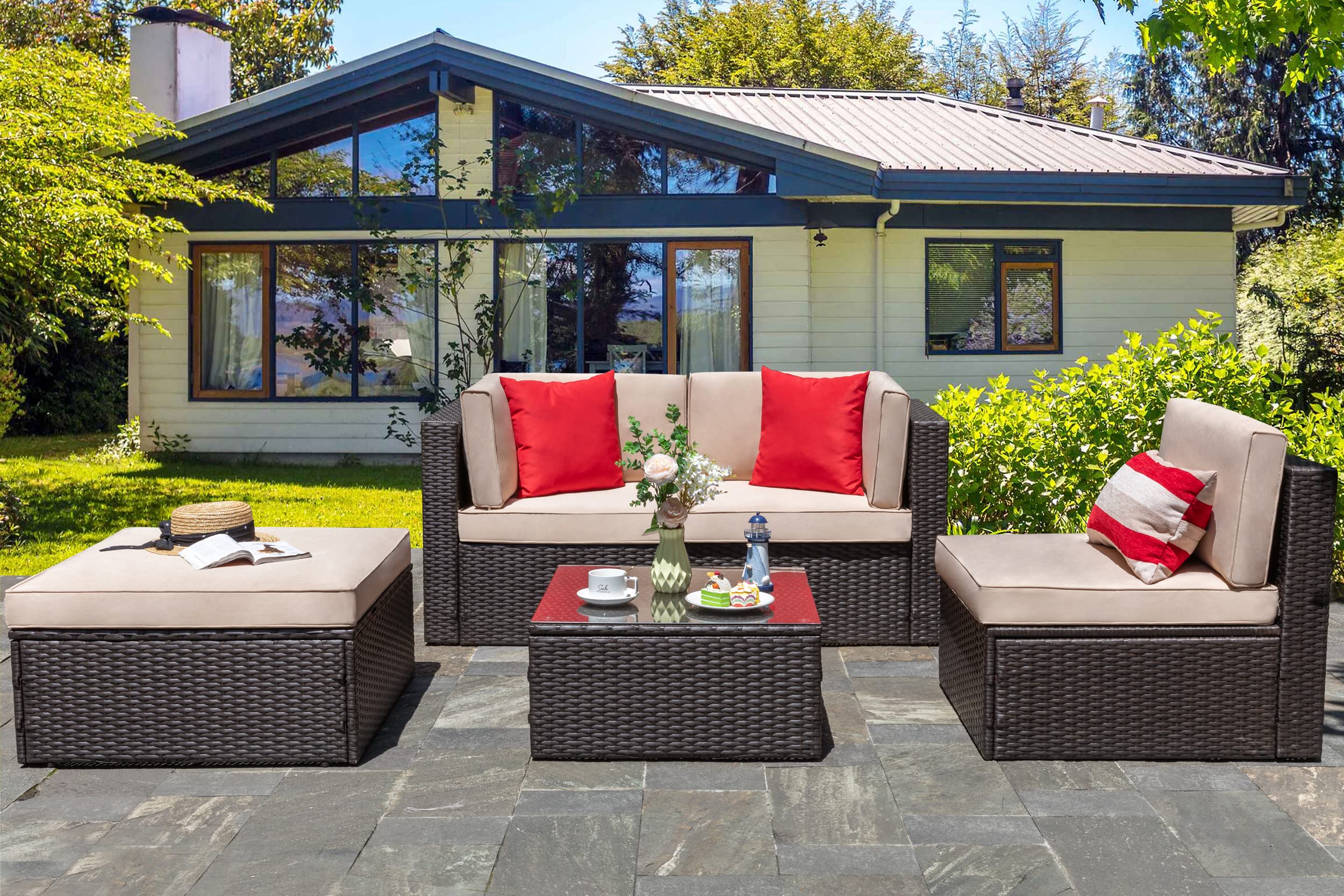 5-Piece All-Weather Brown PE Wicker Outdoor Patio Furniture Set - Garden Conversation Sectional Sofa with Ottoman, Glass Table & Red/Beige Pillows - Perfect for Backyard, Poolside & Terrace Relaxation