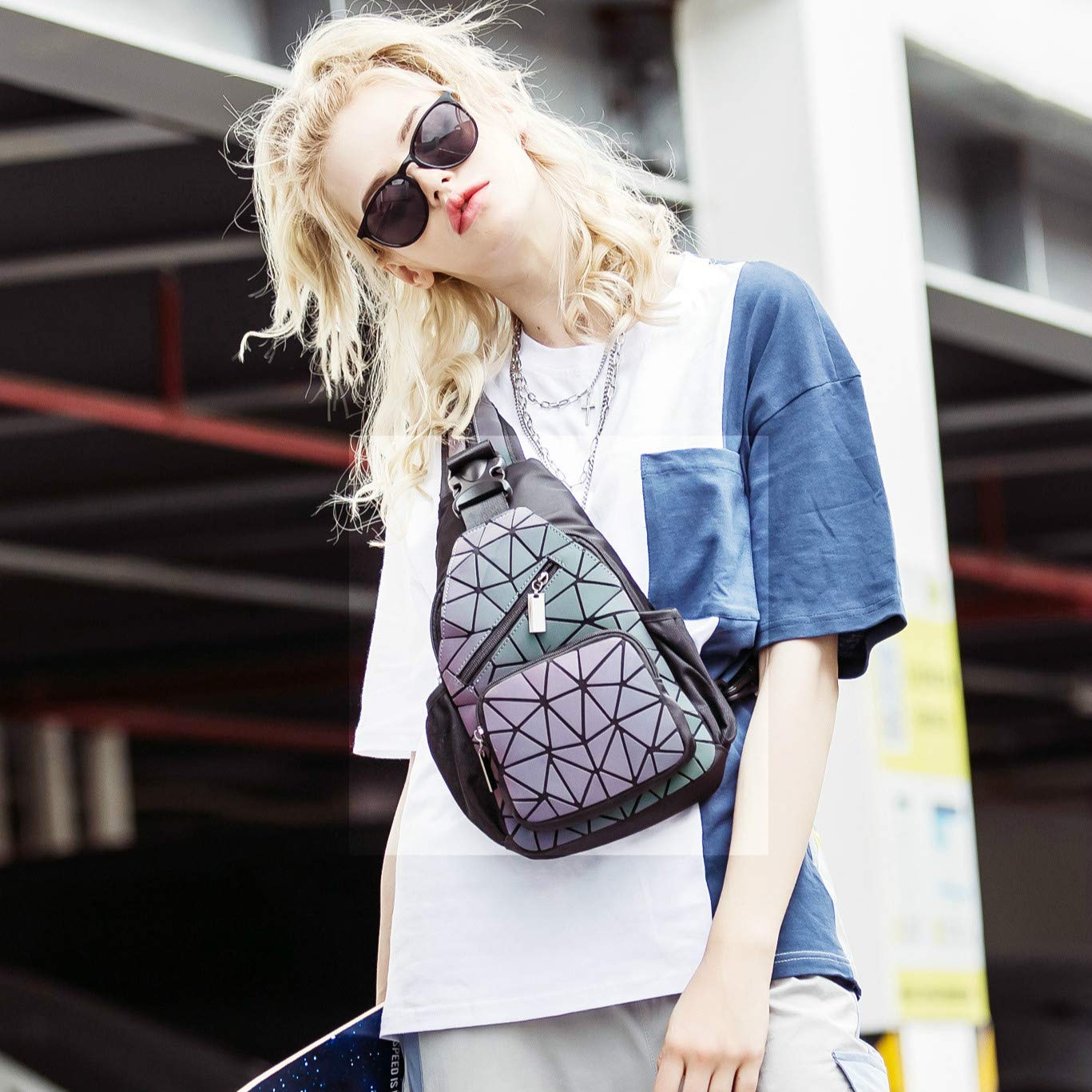 Women's Geometric Luminous Crossbody Bag - Color Changing Reflective Purse & Mini Backpack - Stylish Night Out & Festival Accessory for Parties, Concerts & Rave Events