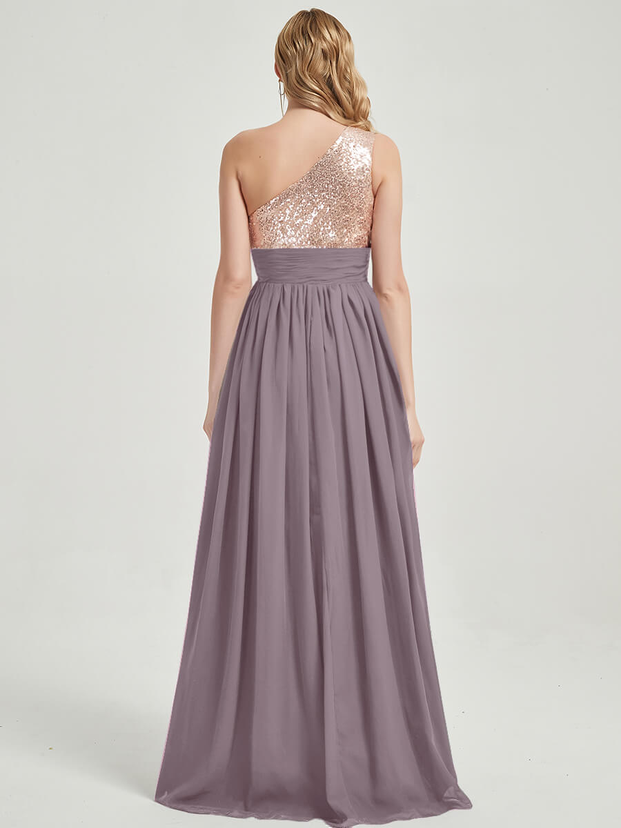 Elegant One Shoulder Sleeveless Chiffon Sequin Maxi Bridesmaid Dress - Perfect for Weddings, Prom, Evening Parties & Formal Events