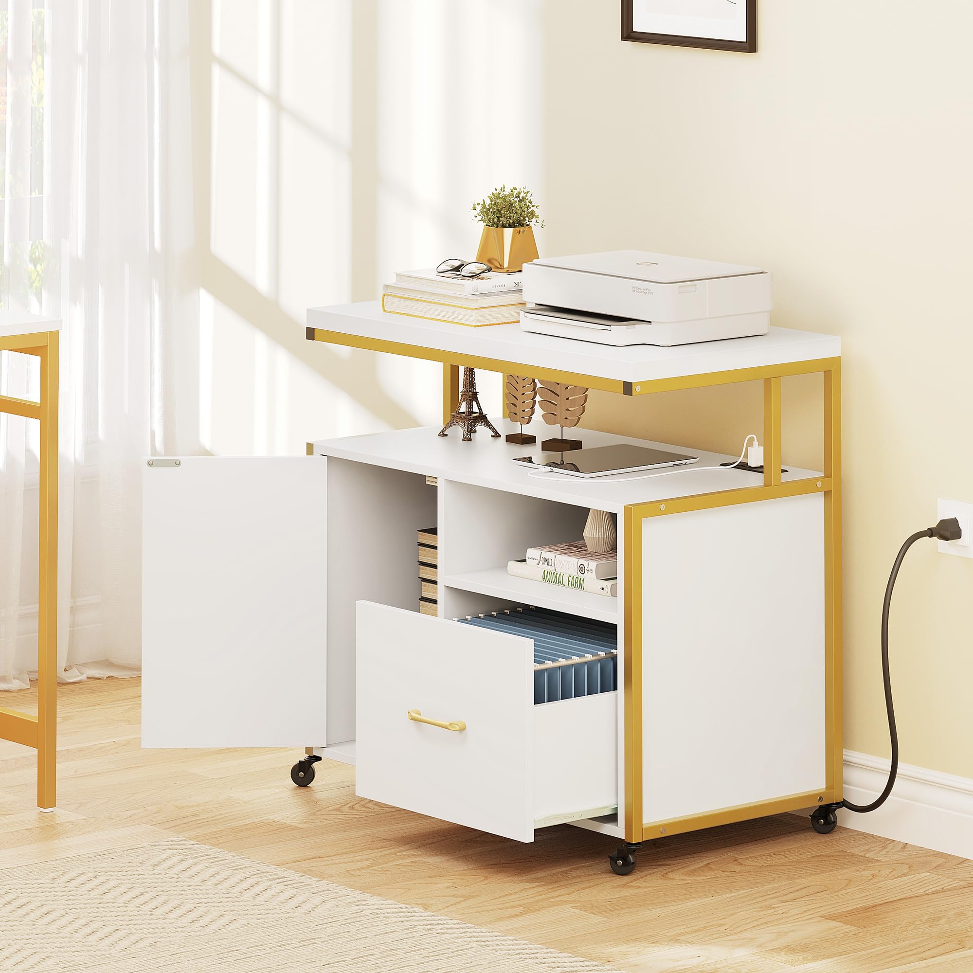 YITAHOME Wood File Cabinet with USB Charging Station, Rolling Filing Cabinet Cart with Door & Printer Shelf - Industrial Style Nightstand for Home Office, Bedroom, Living Room | Compact Storage Solution for Documents, Electronics & Home Decor (Gold & White)