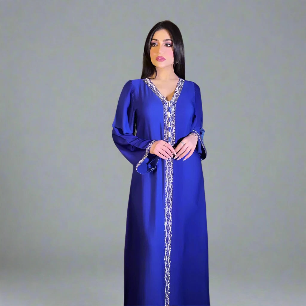 Elegant Women's Kaftan Jalabiya Dress with Hotfix Rhinestones - Perfect for Parties, Weddings & Beach Vacations