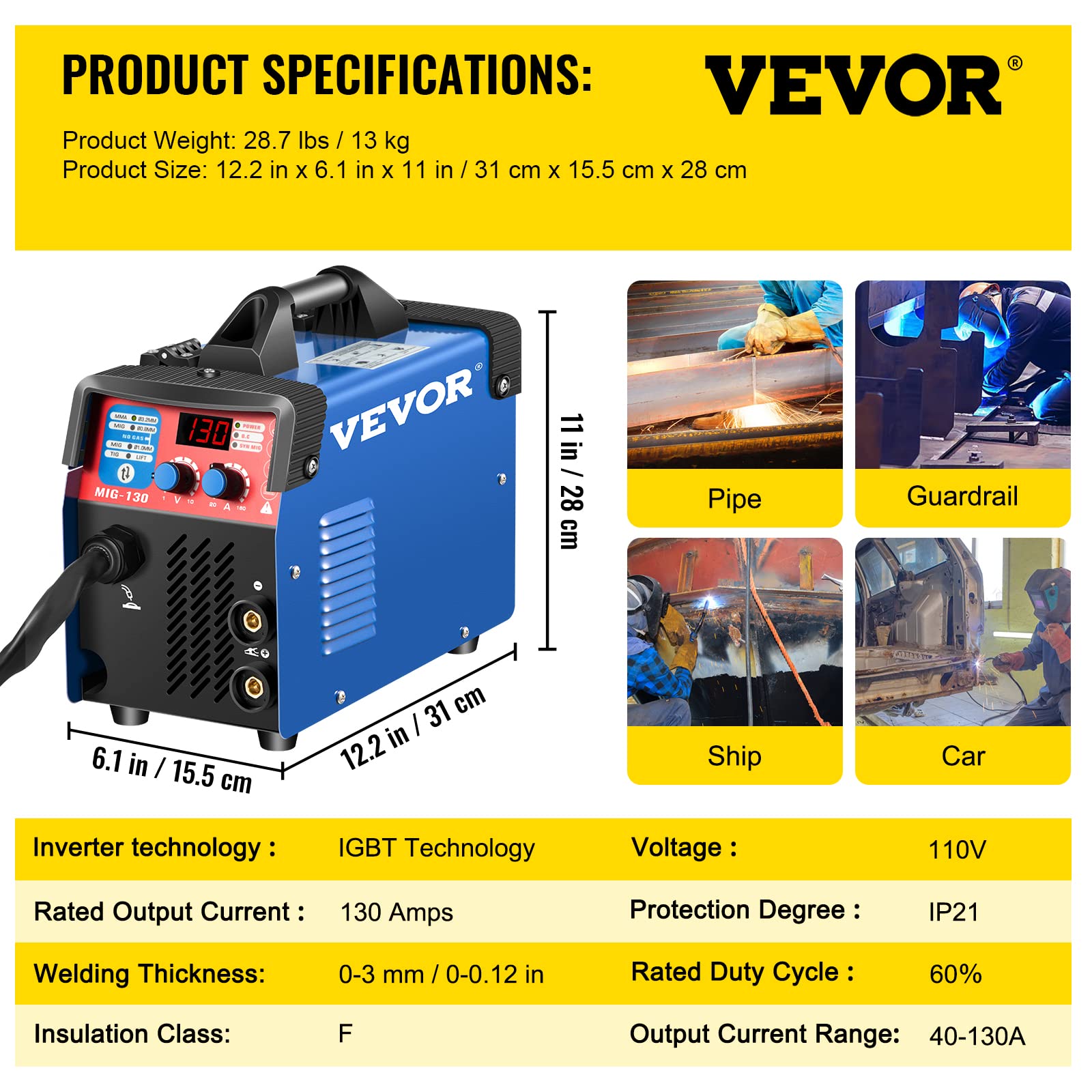 VEVOR MIG Welder 130A, 3-in-1 MMA/MIG/Lift TIG Welding Machine with Flux Core, Portable MIG-130 Welding Equipment & 1KG Wire - Perfect for Home DIY, Auto Repair, and Metal Fabrication Projects