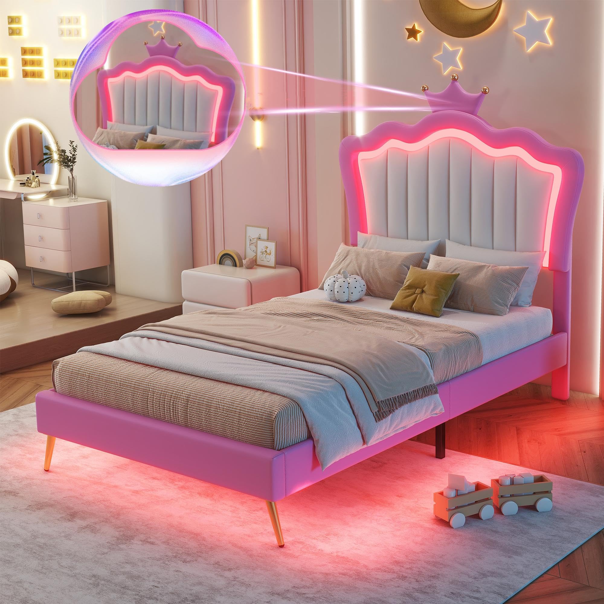 Linique Twin Size Upholstered LED Bed Frame with Crown Headboard - Modern Princess Bed in Pink & White | Perfect for Girls' Bedroom, Teen Room Decor & Fairy Tale Themed Spaces