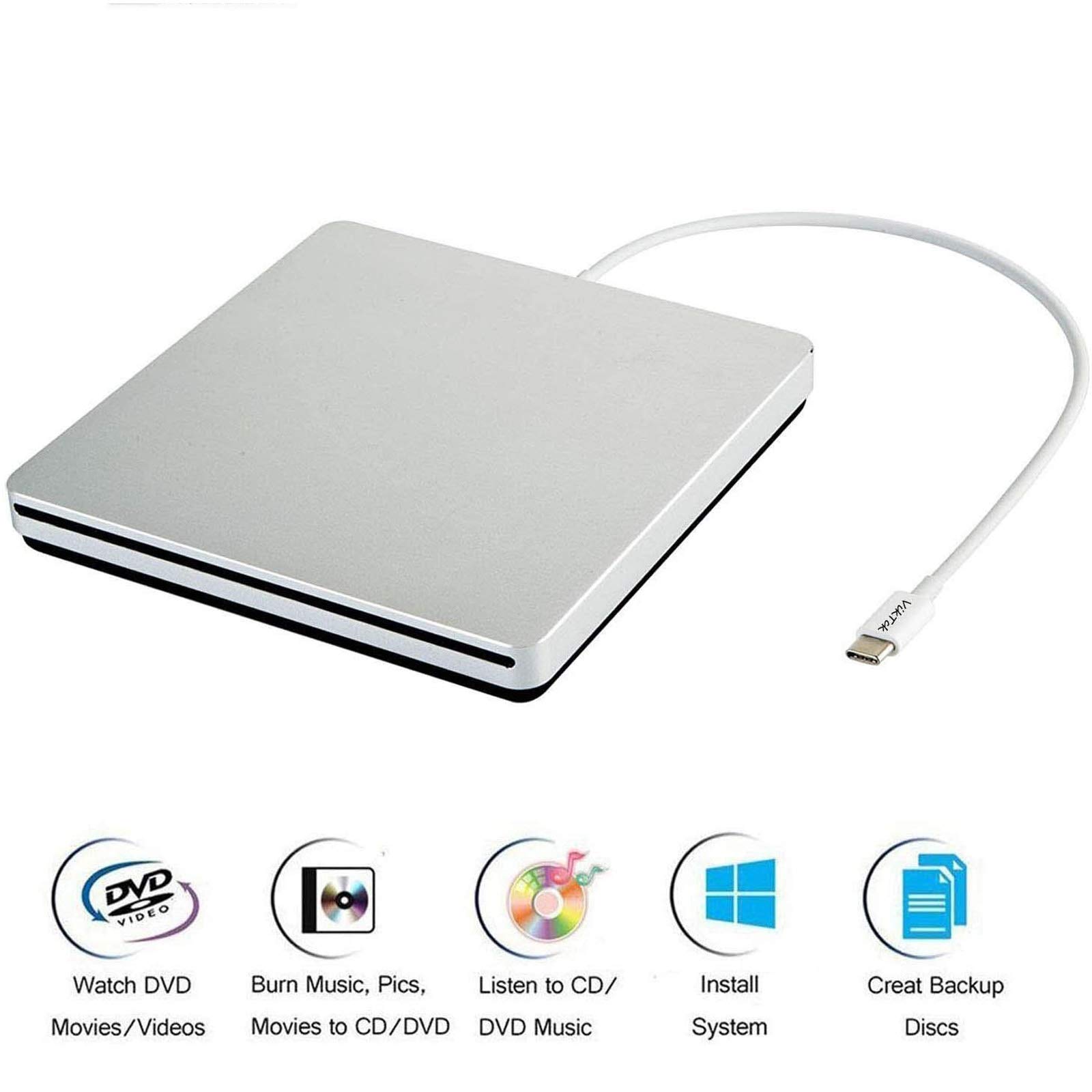 USB-C Superdrive External DVD/CD Reader and Burner - Compatible with MacBook Air/Pro, iMac, Mac Mini, ASUS, Dell Latitude - Plug & Play (Silver) | Perfect for Watching Movies, Burning CDs, and Installing Software on Laptops Without Built-in Drives
