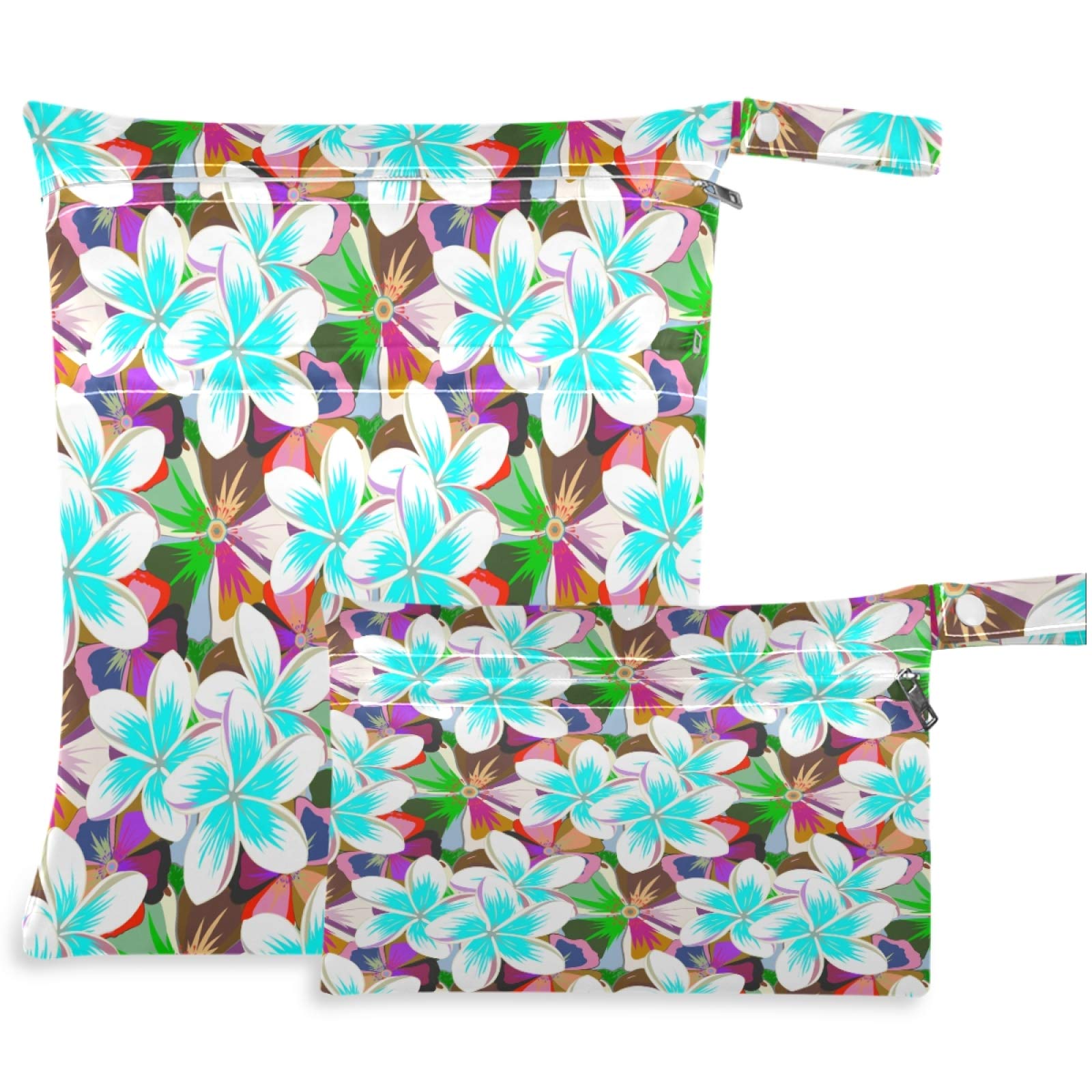 Visesunny 2-Pack Waterproof Wet Bags with Zippered Pockets - Tropical Floral Design Reusable Washable Storage for Swimsuits, Diapers & Gym Clothes - Perfect for Beach, Pool, Travel, Daycare & Stroller Organization