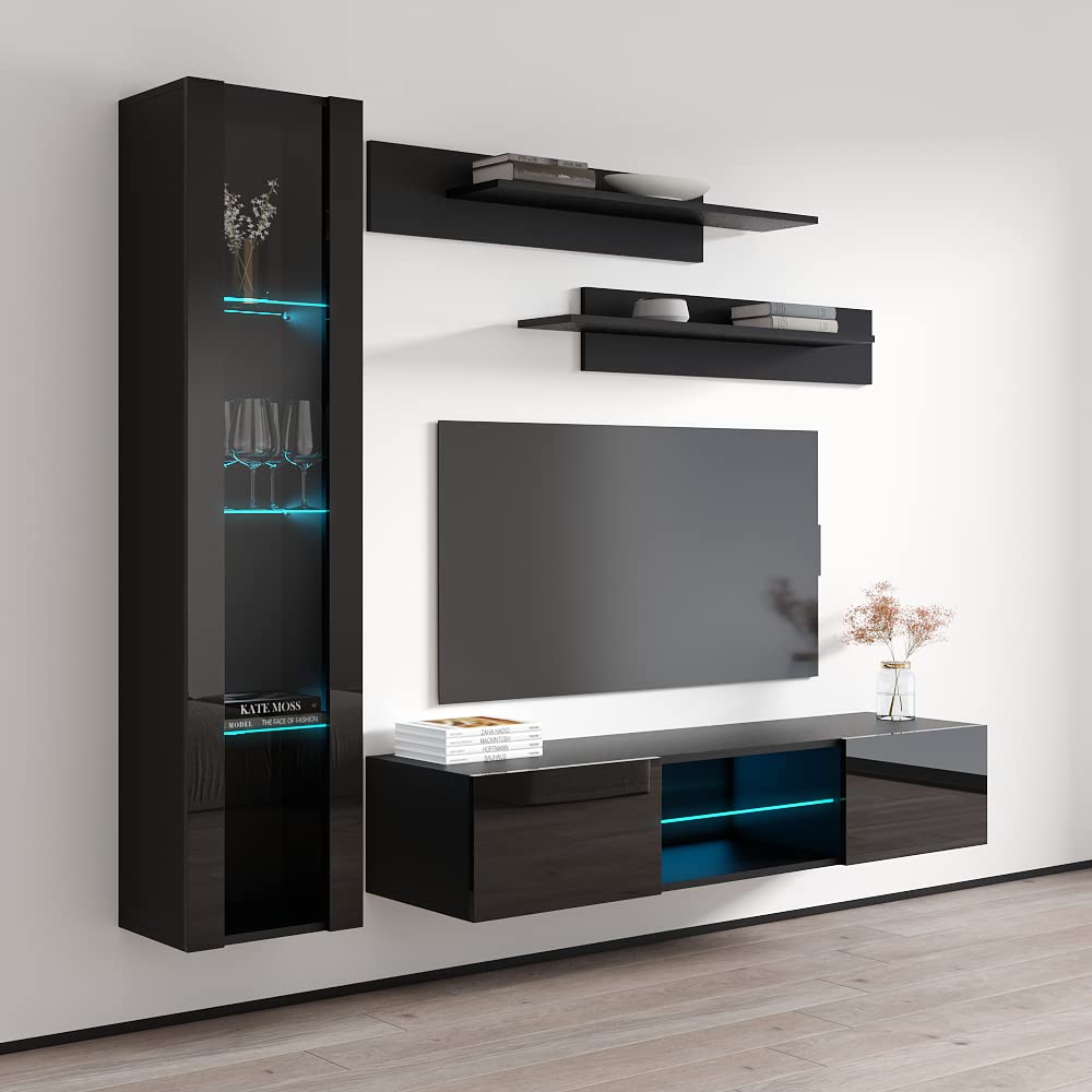 Fly G2 33-Inch Wall Mounted TV Stand - Modern Floating Entertainment Center with Storage Shelves & LED Lights for Bedroom & Living Room - Space-Saving Black TV Console for Small Apartments & Home Theater Setup