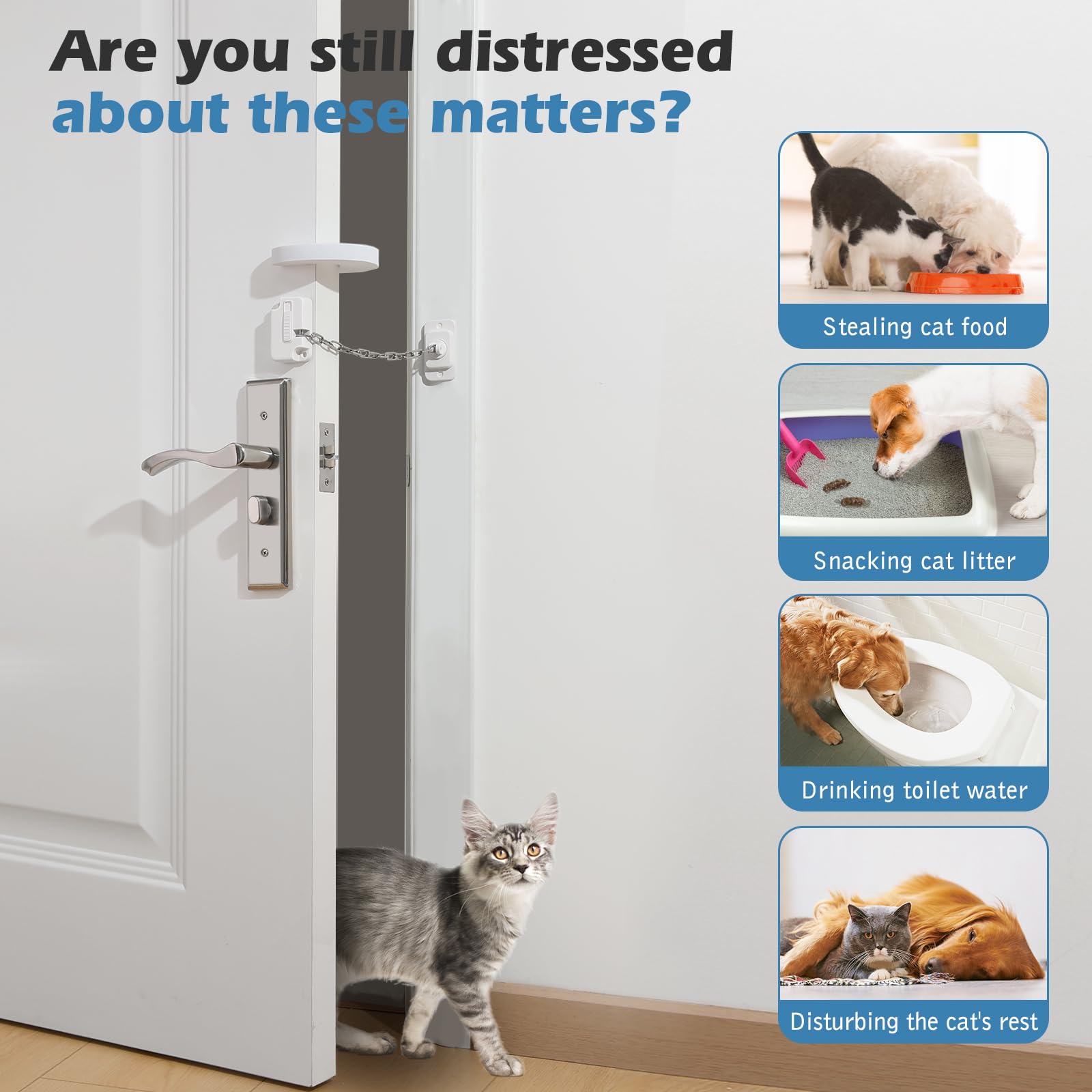 Adjustable Cat Door Latch & Soft Foam Door Stopper - Pet Proof Door Pinch Guard for Dogs & Kids - Keep Pets Away from Litter Box & Food Area - No Need for Cat Door or Gate (2 Pack) - Perfect for Homes with Pets & Toddlers