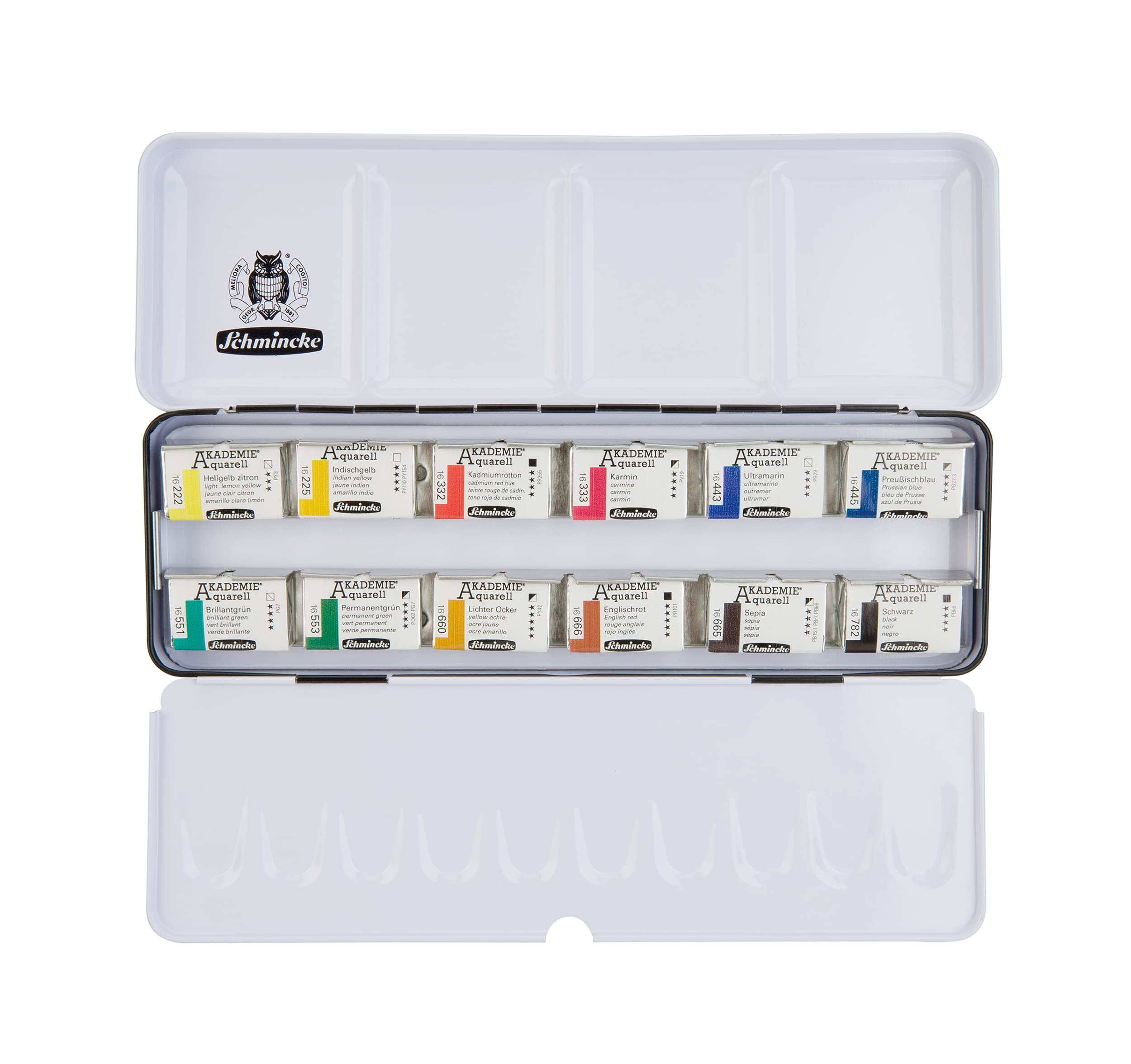 Schmincke AKADEMIE Watercolor Paint Set - 12 Highly Lightfast Colors in 1/1 Pans with Metal Box | Professional Artist Watercolor Kit for Painting, Sketching & Travel | Perfect for Beginners & Students
