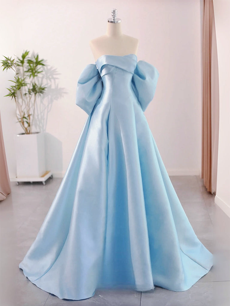 Elegant A-Line Sweetheart Neck Satin Blue Long Prom Dress | Formal Evening Gown for Homecoming, Ball & Special Occasions