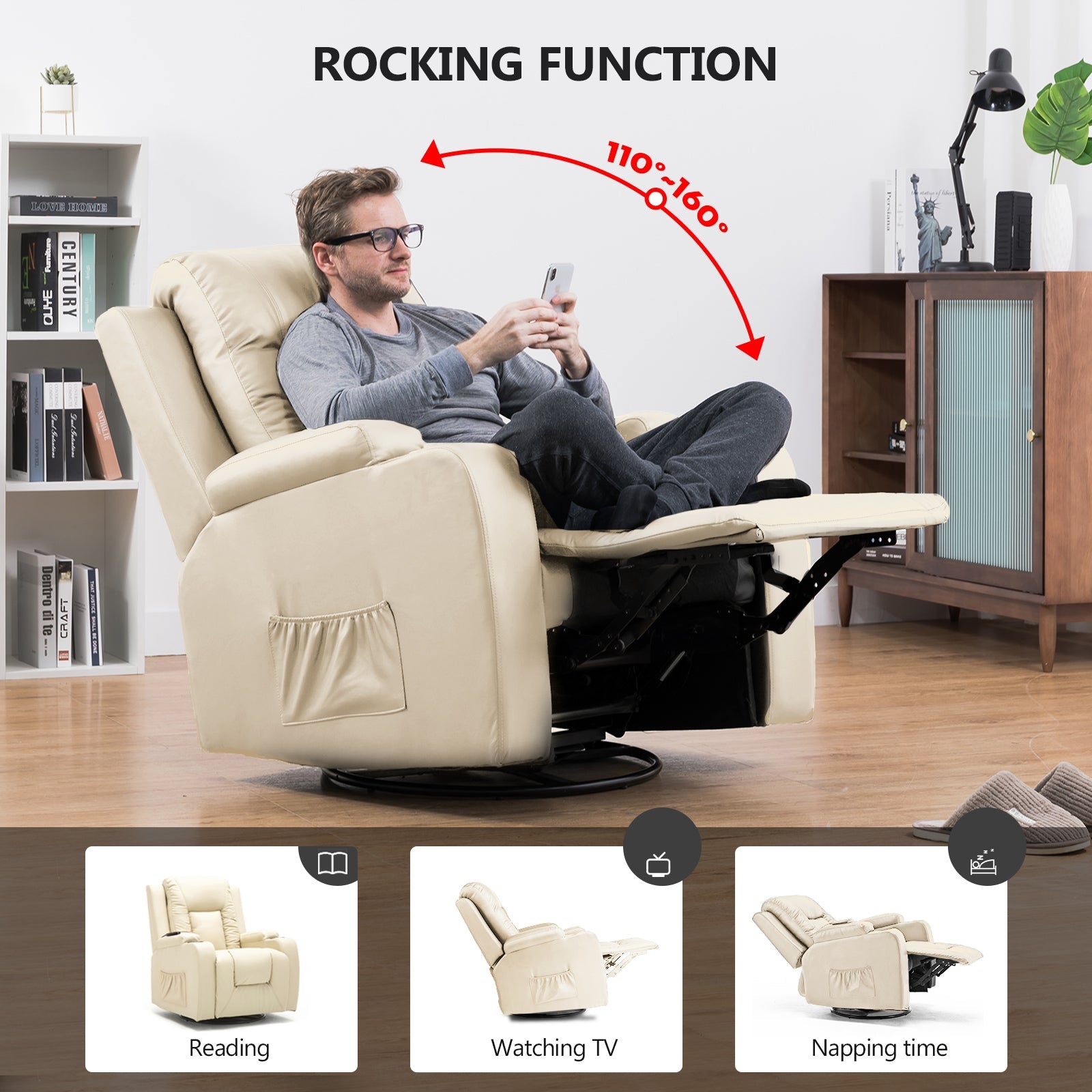 COMHOMA PU Leather Recliner Chair with Heat and Massage - Swivel Rocking Chair for Adults, Single Sofa Seat with Cup Holders & Side Pockets - Perfect for Living Room, Bedroom, Home Theater & Relaxation (Black)