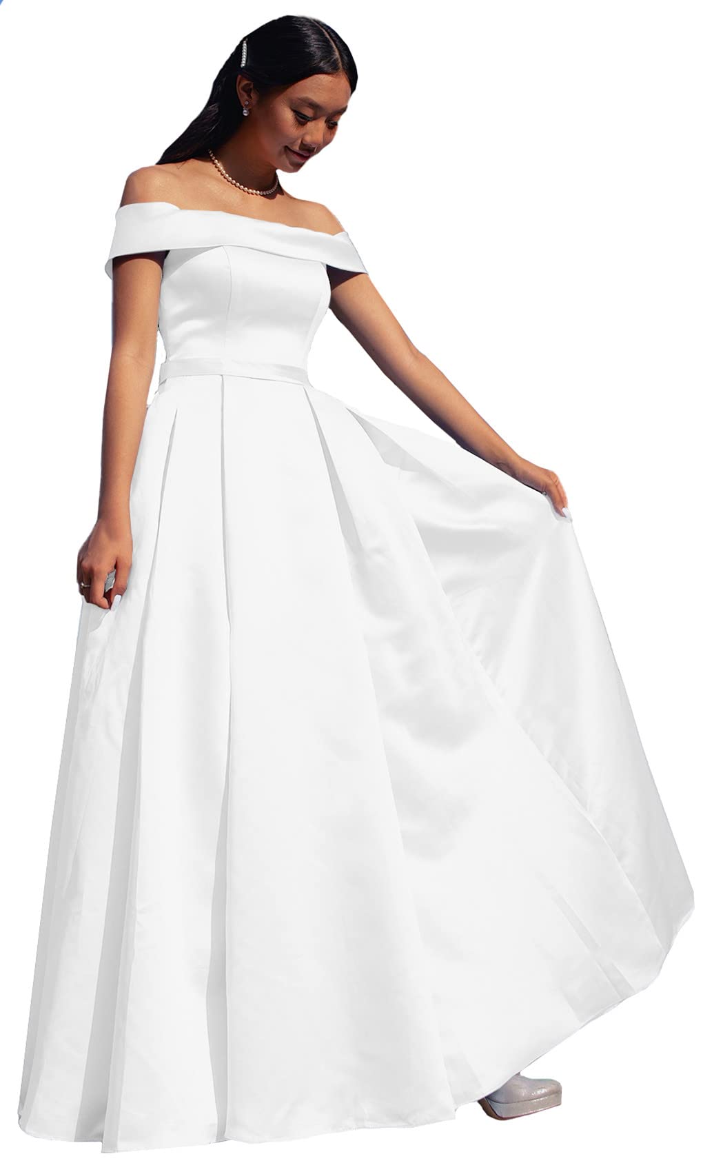 ANGELWARDROBE Women's Off Shoulder Prom Dress Long Formal Evening Gown - Satin A-Line Party Dress with Slit Pockets for Homecoming, Wedding, Ball & Special Occasions