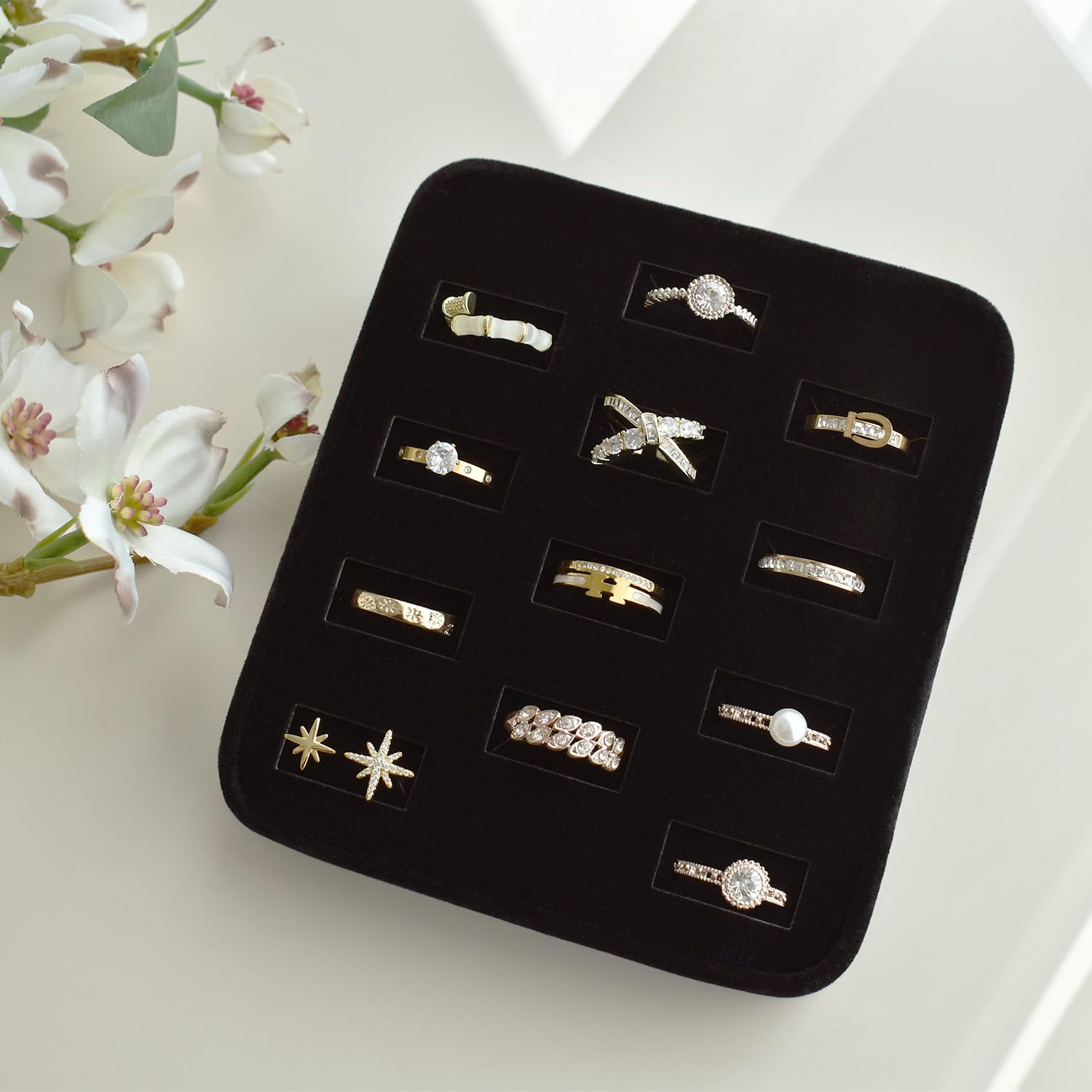 MOOCA 12 Slot Ring Display Tray - Velvet Jewelry Organizer Stand for Rings, Earrings & Bracelets - Perfect for Home, Trade Shows & Retail Store Showcases - Black Velvet Jewelry Display Case