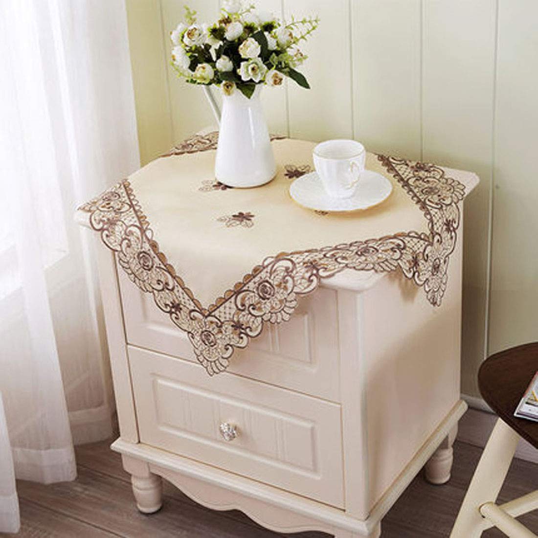 22 Inch Vintage Embroidered Brown Flower Tablecloth - Classic Lace Dining Room Decor, Perfect for Cabinet, Coffee Table, and Home Decoration