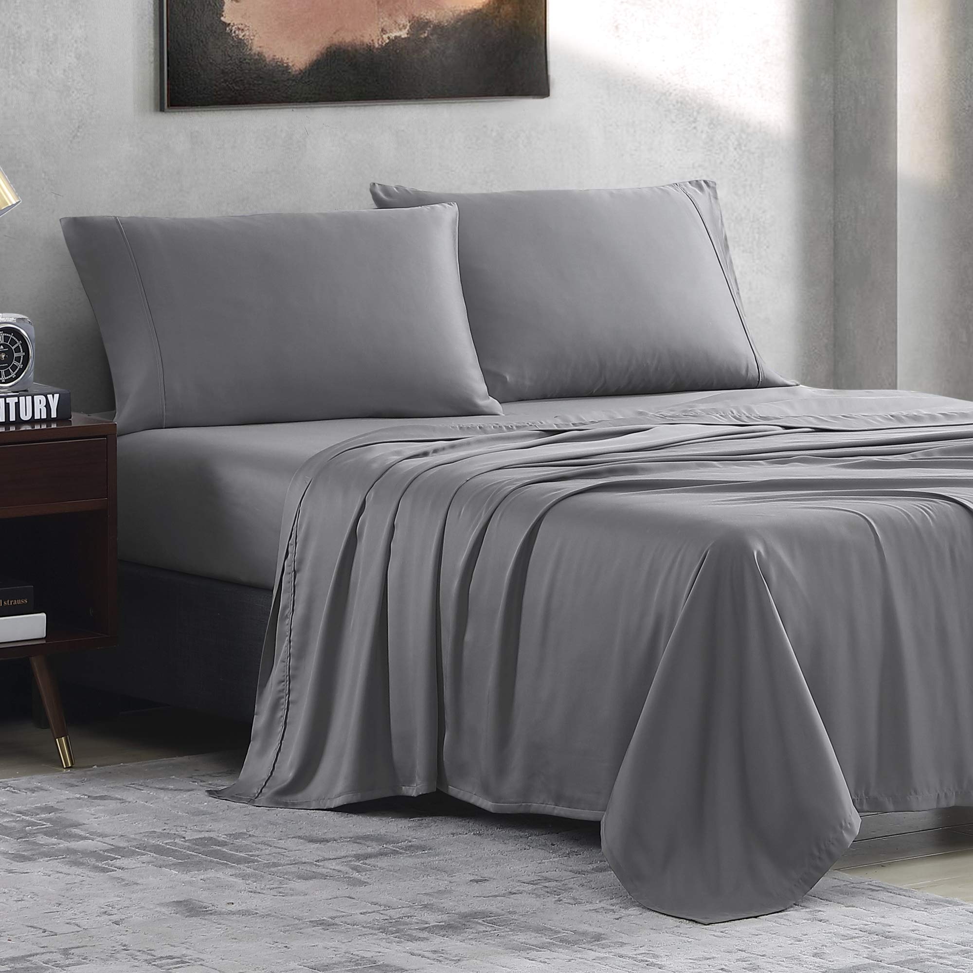 Valeron 100% Tencel Modal Sateen Woven Sheet Set - Luxuriously Soft, Breathable & Cooling Beech Tree Fiber Bedding - King Size Charcoal Grey - Perfect for Hot Sleepers & All-Season Comfort