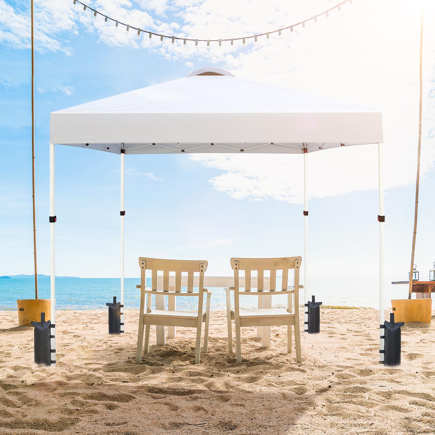 10x10 Heavy Duty Commercial Pop Up Canopy Tent - Instant Sun Shelter with Roller Bag, 8 Stakes & 4 Ropes - White - Perfect for Outdoor Events, Farmers Markets, Beach & Backyard Parties