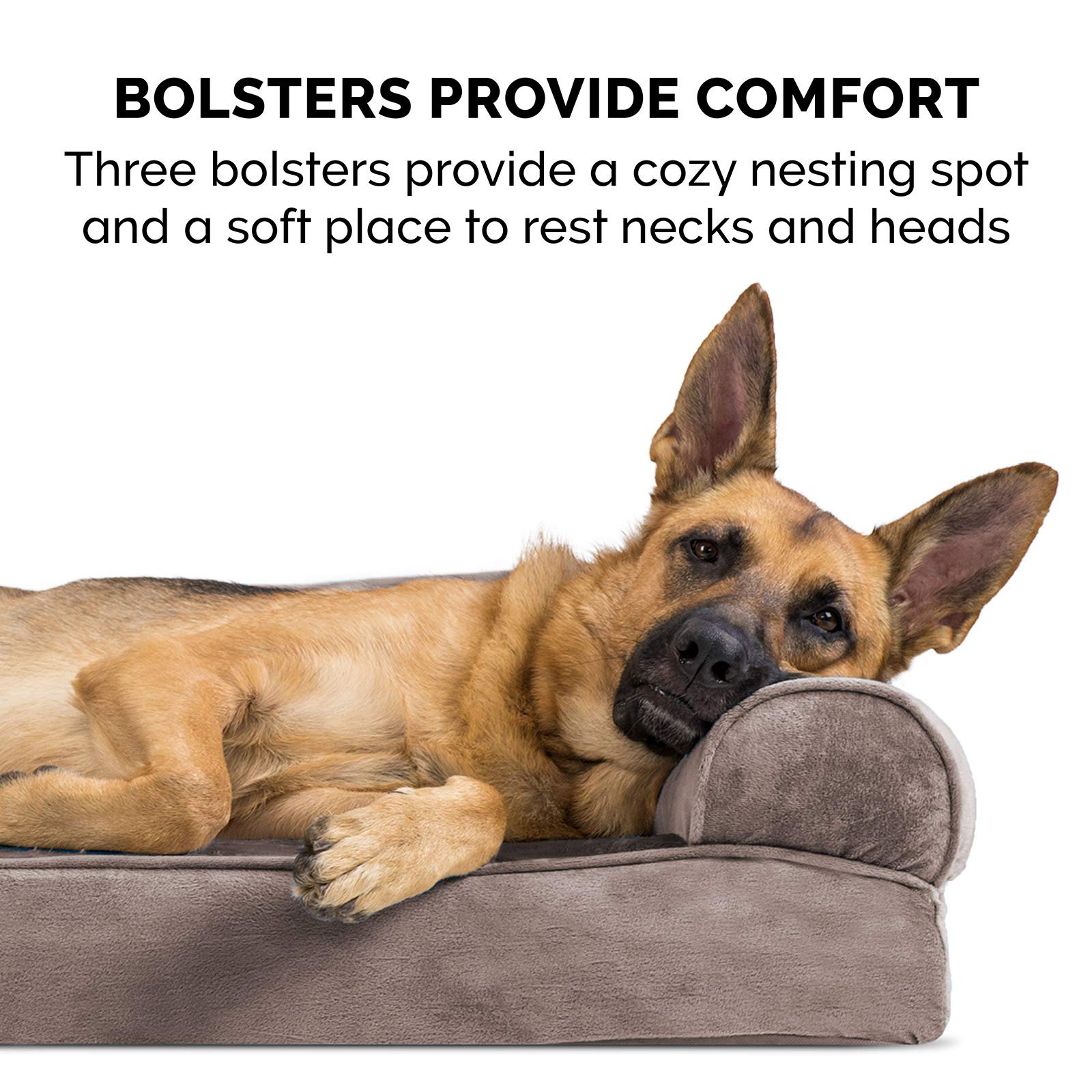 Furhaven Orthopedic Memory Foam Dog Bed for Large & Medium Dogs - Removable Bolsters & Machine Washable Cover - Supports Up to 55 lbs - Plush Faux Fur & Velvet Sofa Design - Driftwood Brown (Large) - Perfect for Living Room, Bedroom & Pet-Friendly Spaces