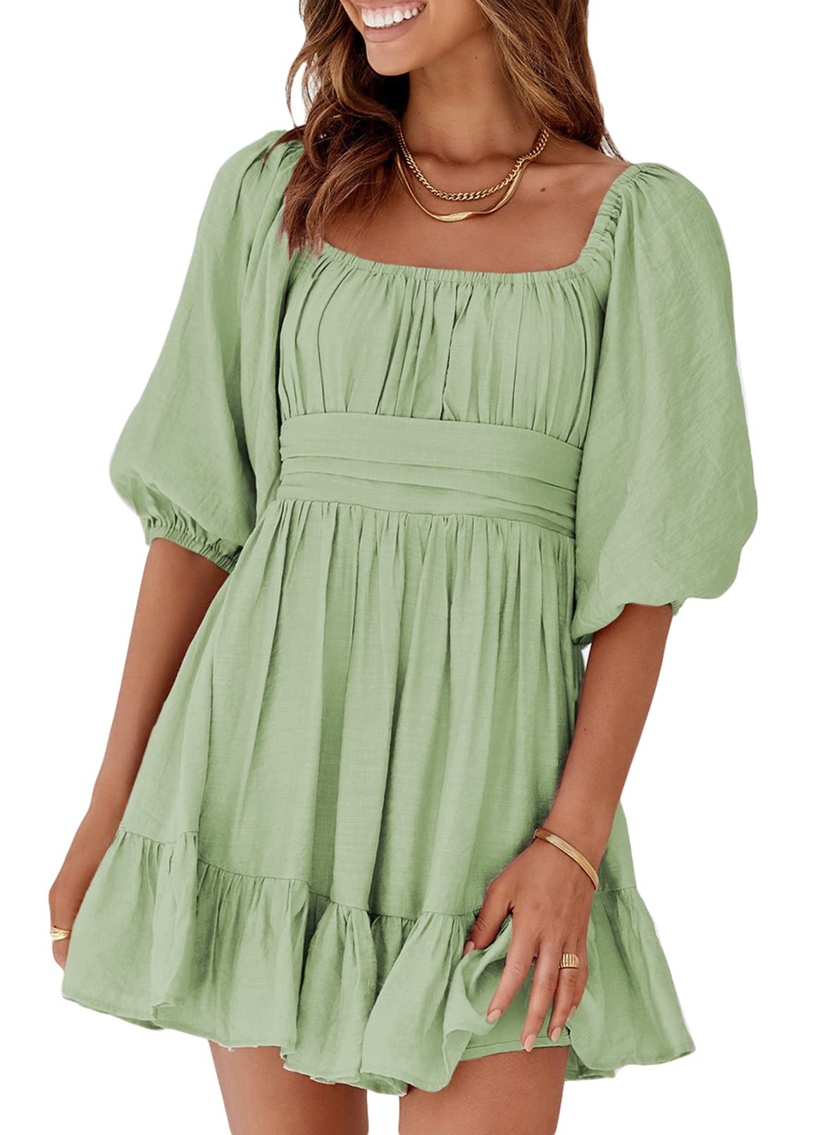 Dokotoo Women's Summer Dress - Square Neck, Tie Back, Lantern Sleeve, Ruffle A-Line Casual Sundress for Beach, Vacation & Outdoor Parties