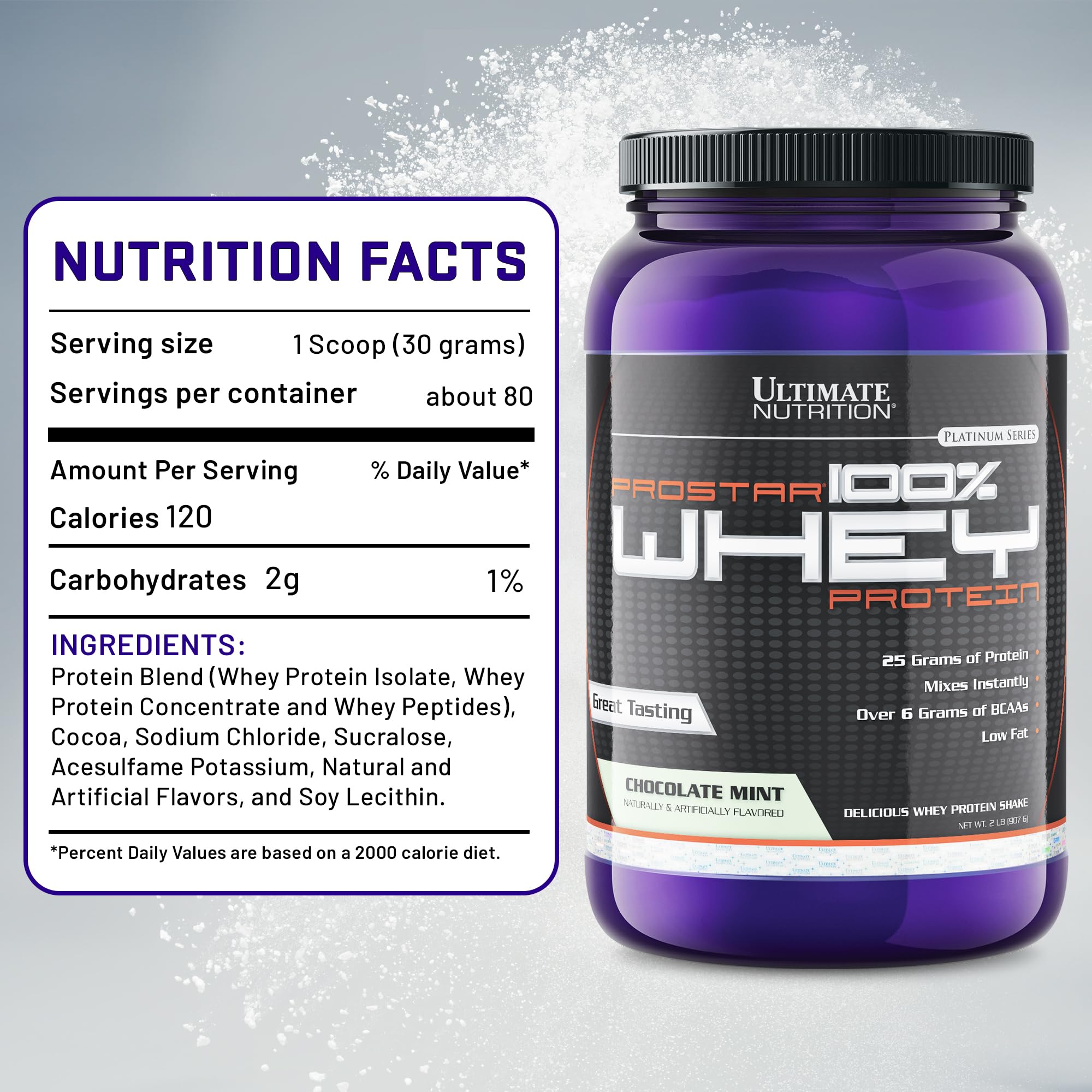 Ultimate Nutrition Prostar Whey Protein Powder Isolate - Gourmet Chocolate Mint Flavor | Low Carb, High Protein Shake for Muscle Gain & Recovery | Keto Friendly, Low Sodium & Fat | 2 lbs Tub | Perfect for Post-Workout, Weight Loss & Healthy Lifestyle