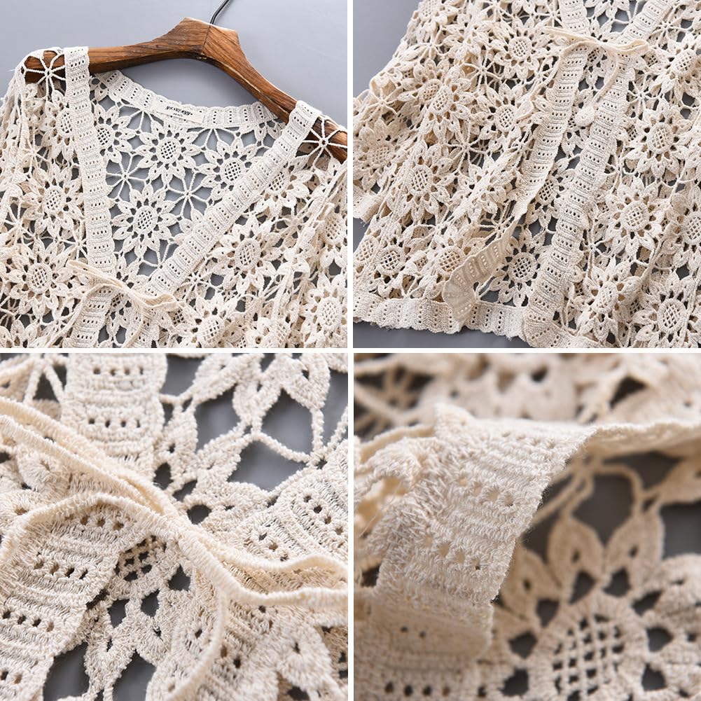 Women's Cotton Casual Floral Lace Crochet 3/4 Sleeve Cardigan - Boho Cover Up Shrug for Spring & Summer - Perfect for Beach, Vacation, and Everyday Wear