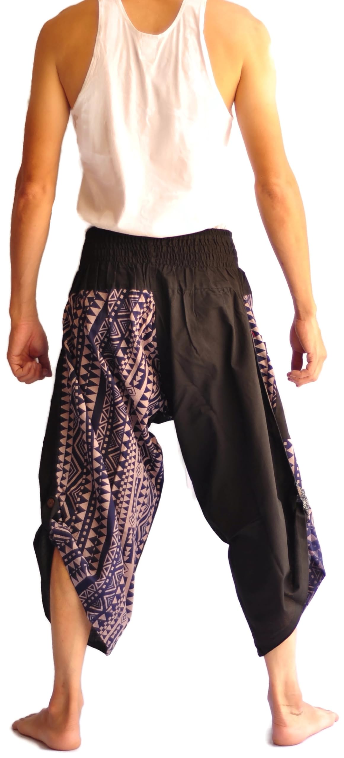 **Men's Harem Yoga Pants - High Waisted Loose Fit Navy Blue & Black Elephant Print Thai Fisherman Pants for Meditation, Lounge & Travel**