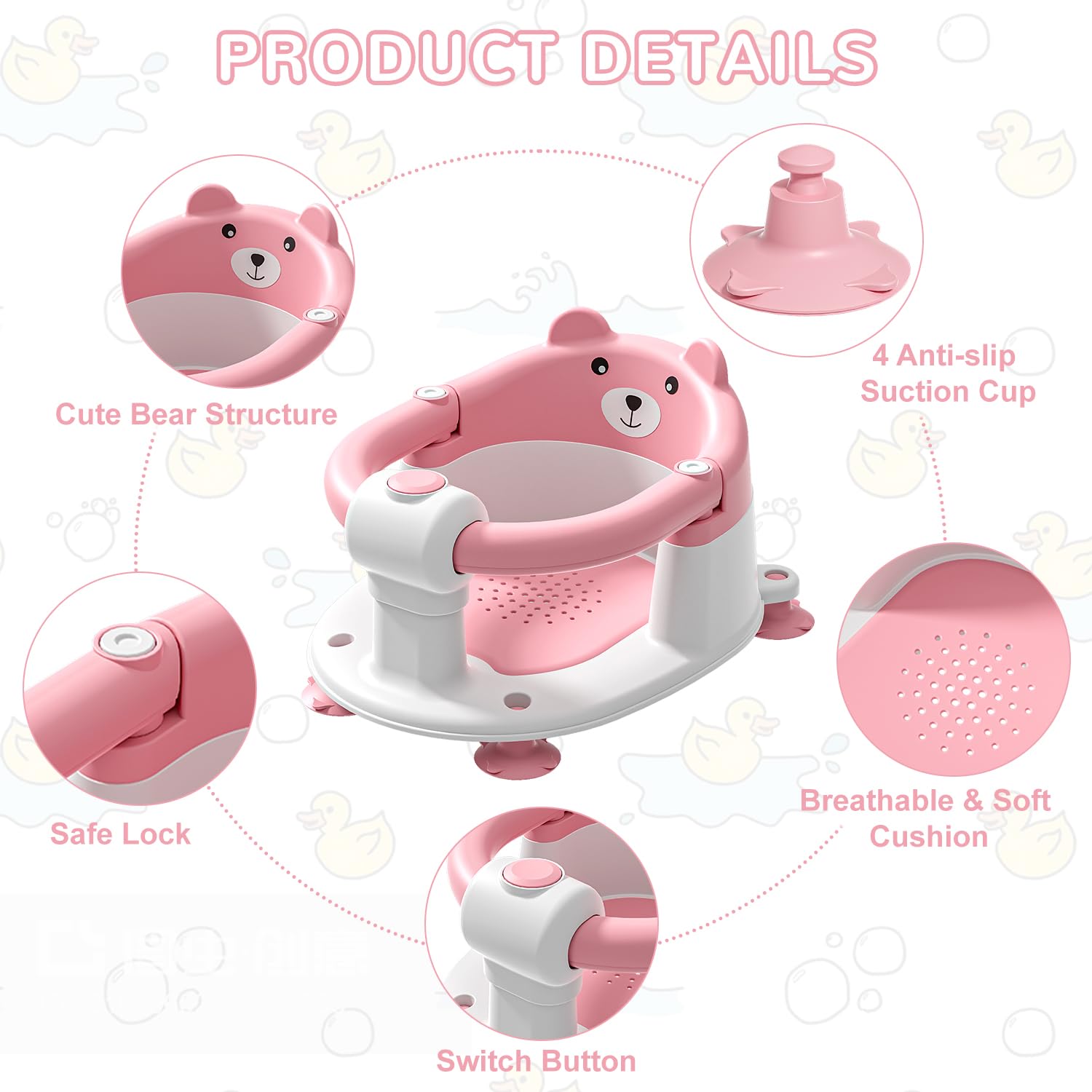 Non-Slip Baby Bath Seat for Infants 6-24 Months | Safe Toddler Bathtub Chair with 4 Suction Cups & Soft Cushion | Newborn Bathing Support for Sitting Up | Shower & Bath Time Safety Essential (Pink) - Perfect for Secure Bathing at Home or Travel