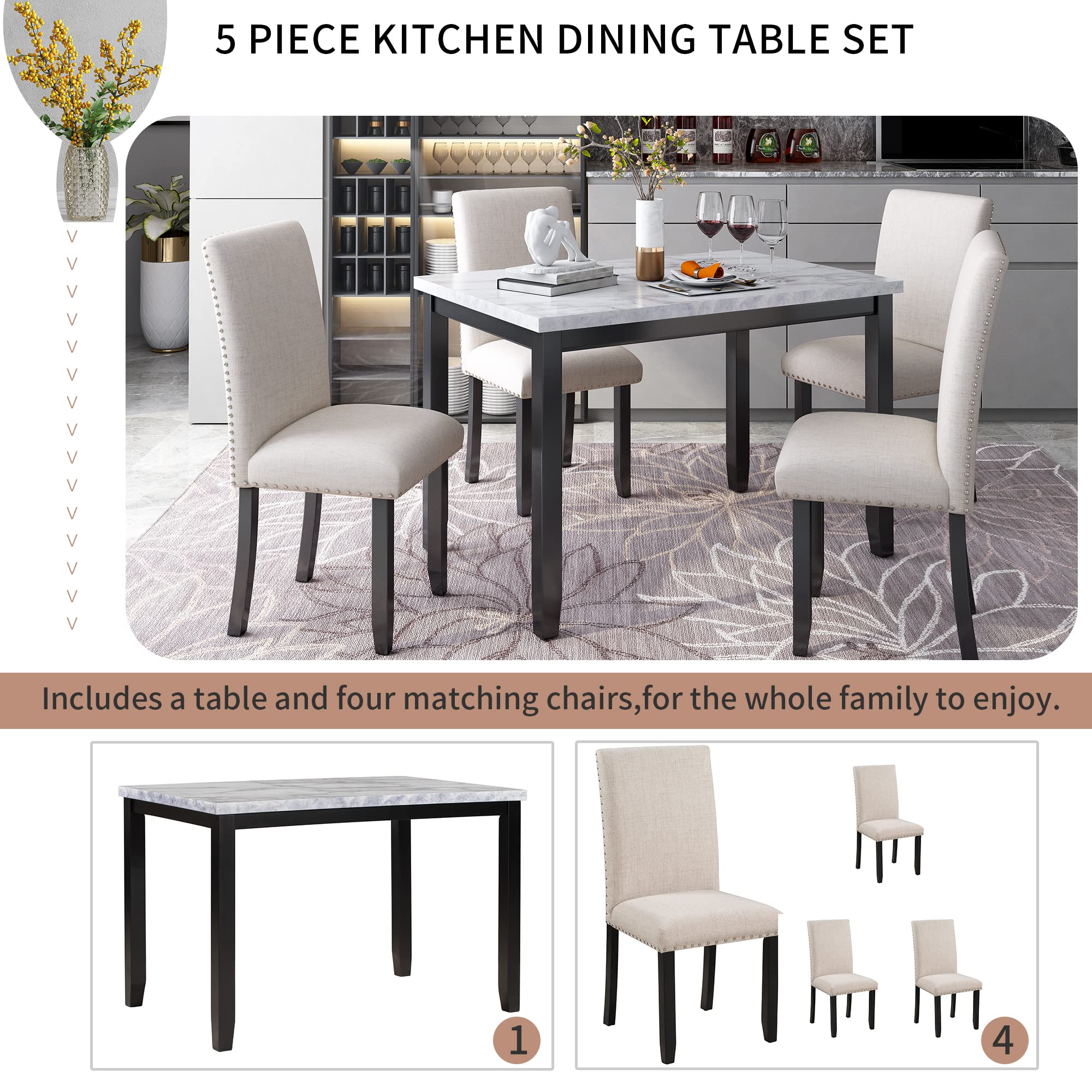 Harper & Bright Designs 5-Piece Faux Marble Dining Table Set with 4 Padded Chairs - Modern Kitchen Furniture with Beige Cushions & Black Wood Frame - Perfect for Small Spaces, Apartments, and Family Gatherings