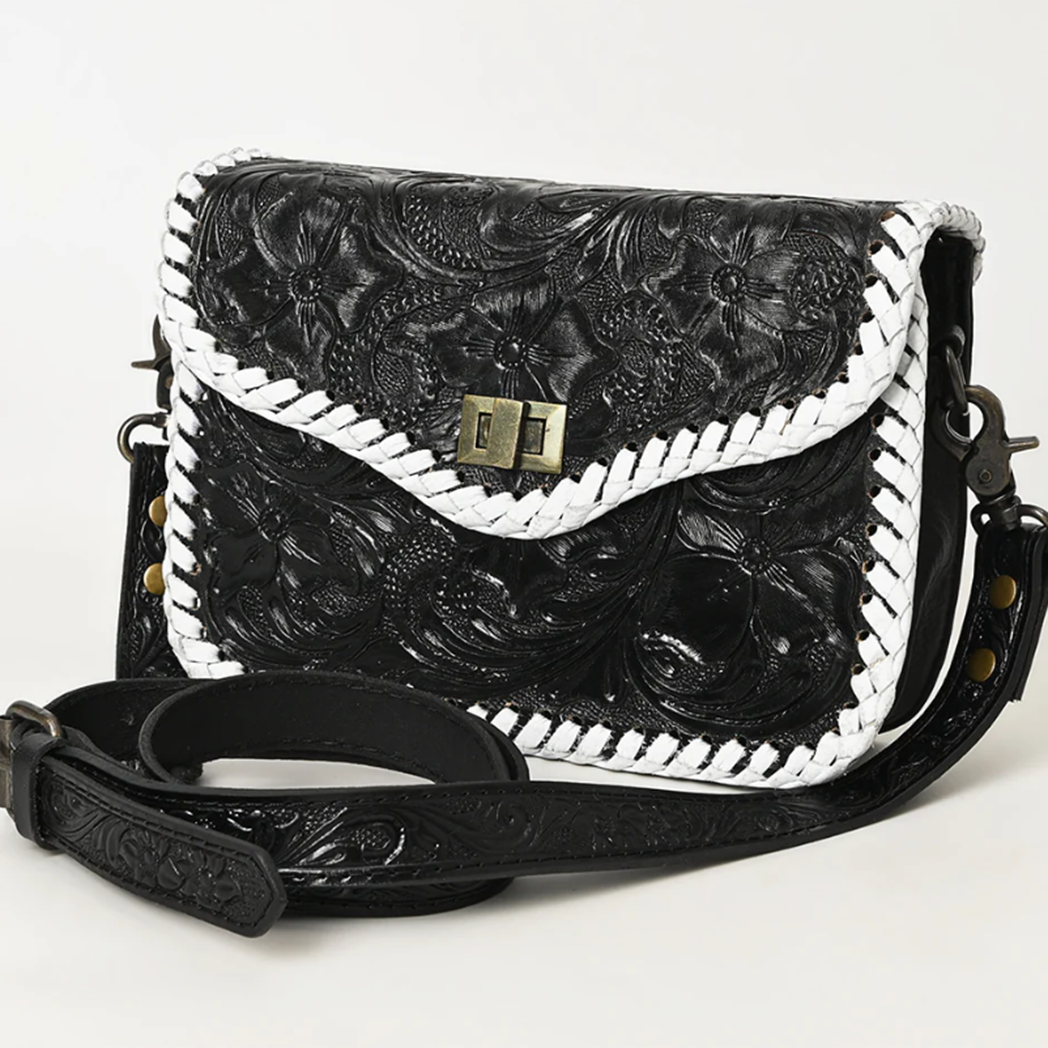 American Darling Black Tooled Leather Crossbody Bag with White Buck Stitch - Perfect for Work, Travel & Everyday Use
