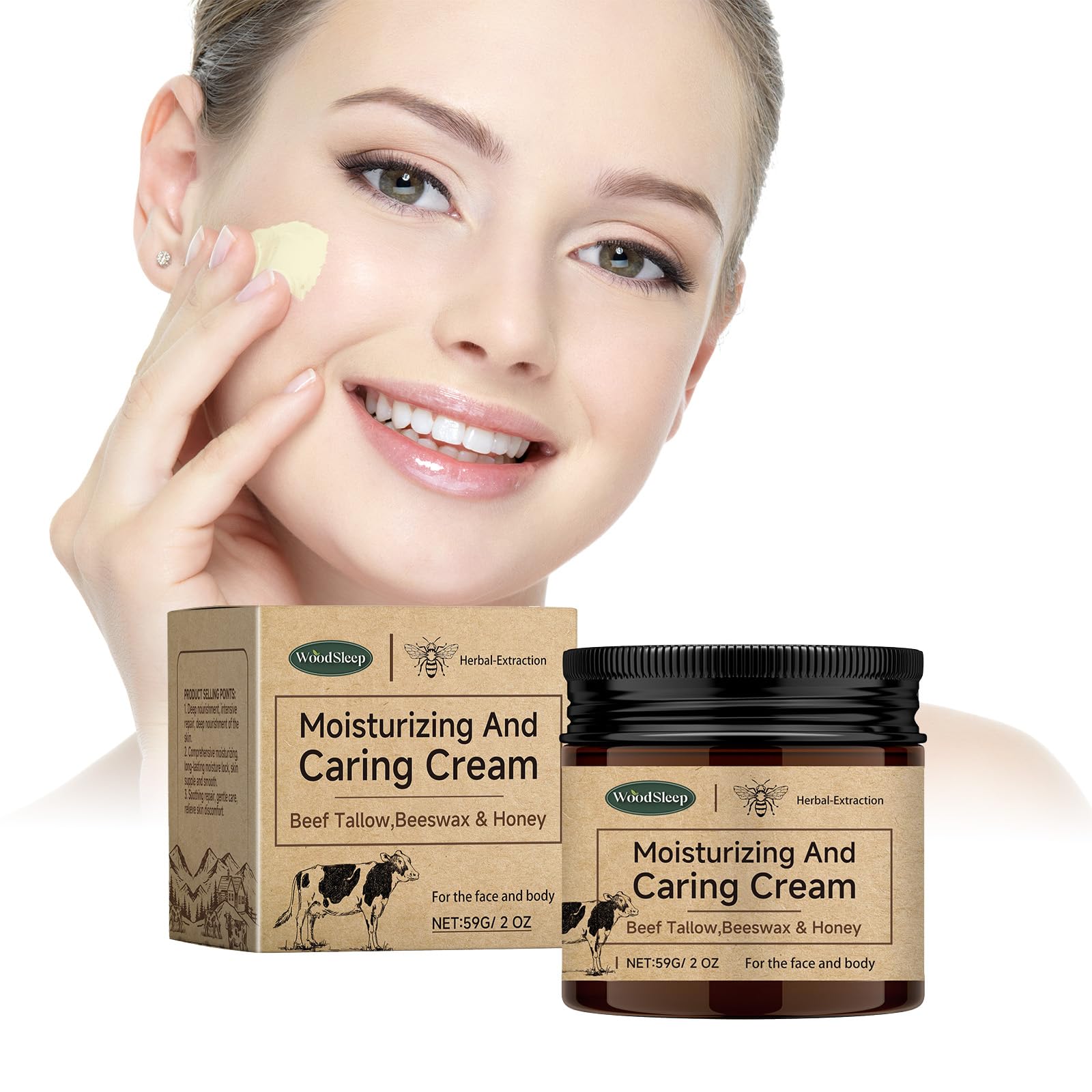 Grass-Fed Whipped Beef Tallow & Honey Balm - Organic Unscented Moisturizer for Face & Body, 2.08 oz | Fast-Absorbing Skin Care Cream | Perfect for Dry Skin, Eczema & Nighttime Hydration