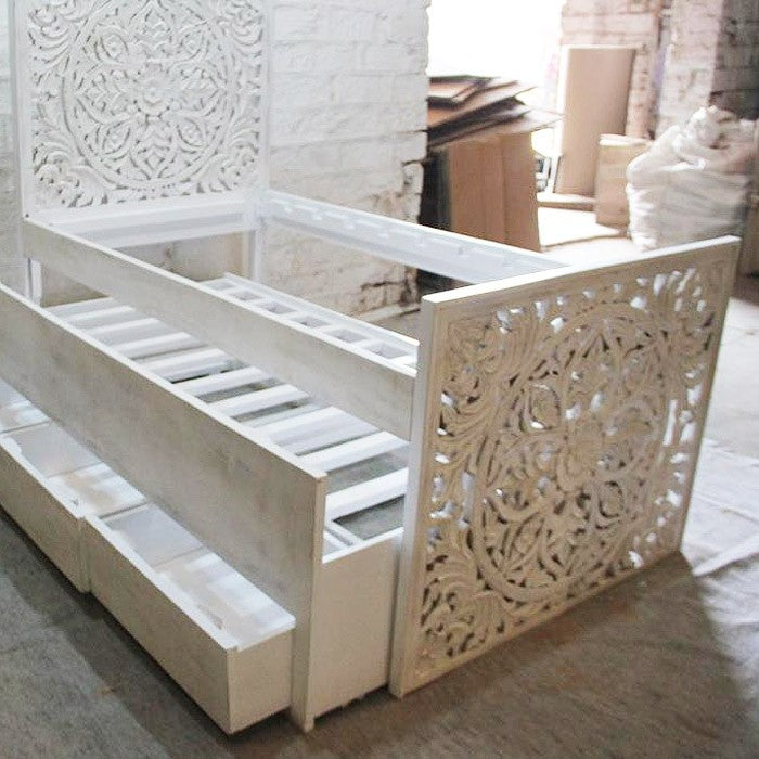 Hand Carved Indian Sera Wooden Trundle Single Bed - White | Solid Wood Frame | Space Saving Guest Bed | Perfect for Kids Rooms, Small Apartments & Guest Bedrooms