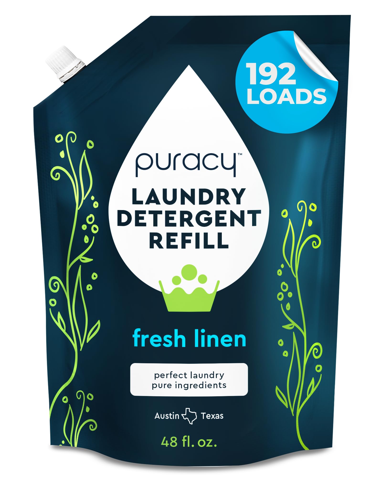 Puracy Natural Liquid Laundry Detergent Refill - Enzyme-Powered Concentrate for 192 Loads | Non-Toxic, Hypoallergenic Fresh Linen Scent | TikTok Viral Eco-Friendly Detergent | Perfect for Sensitive Skin & Baby Clothes (48 fl oz)