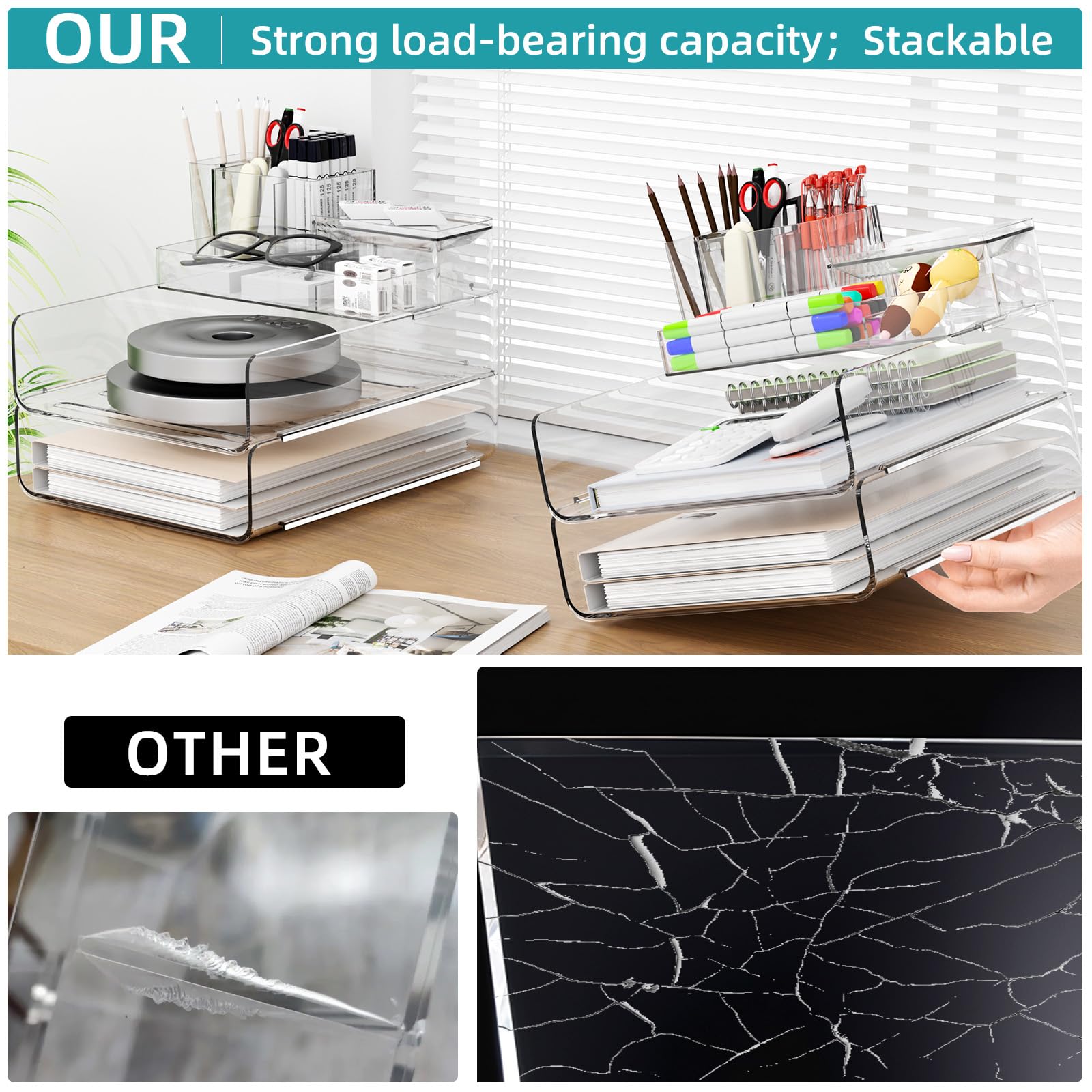 Acrylic Stackable Desk File Organizer with 5-Grid Tray & Pencil Holder - Clear Paper Letter Tray for Office, School, Home - Perfect for Files, iPad, Mail, and Small Items Storage