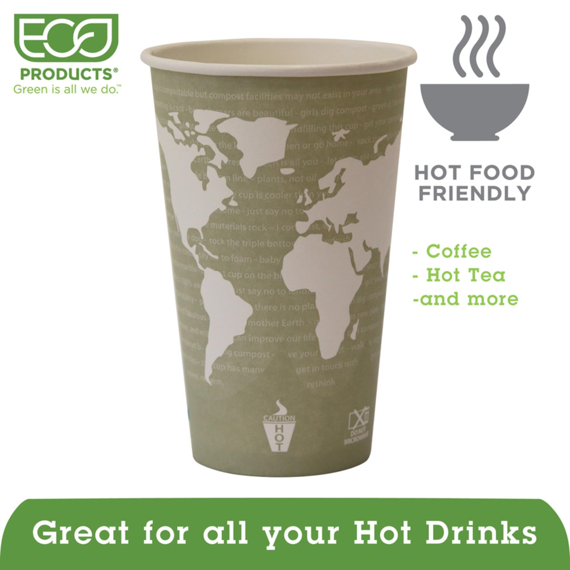 Eco-Friendly 16 Oz Hot Beverage Cups - Biodegradable & Compostable Green Coffee Cups, Case of 1000 - Perfect for Coffee Shops, Offices & Eco-Conscious Events