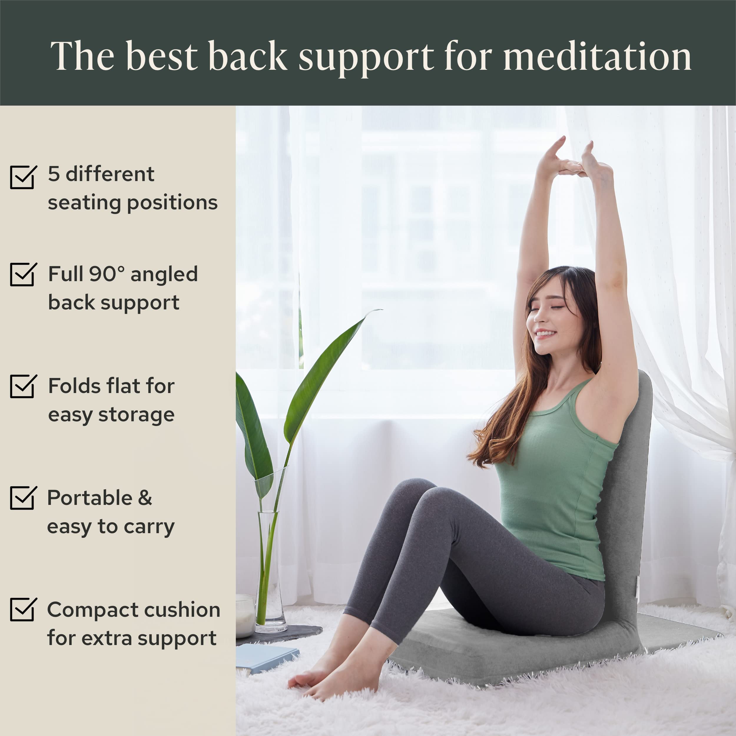 Mindful Modern Folding Meditation Chair with Adjustable Back Support - Half Moon Buckwheat Cushion - Comfortable Floor Seating for Yoga, Zen Meditation & Mindfulness Practice in Living Room or Bedroom