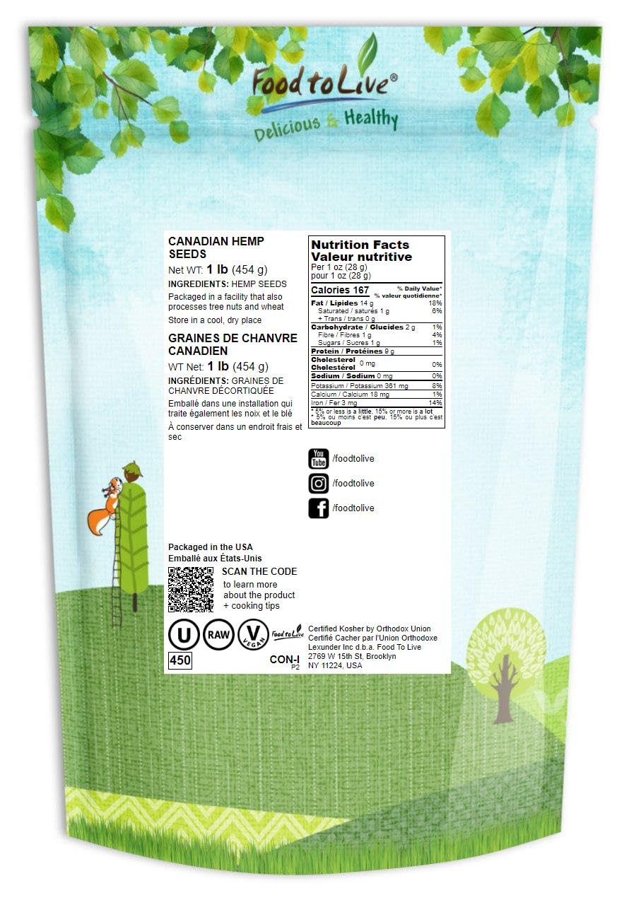 Organic Raw Hulled Hemp Hearts - 1lb Bulk Canadian Hemp Seeds | Shelled, Kosher, Vegan Superfood | High in Protein, Omega 3 & 6, Manganese | Keto, Paleo Diet Friendly | Perfect for Smoothies, Yogurt, Salads & Baking