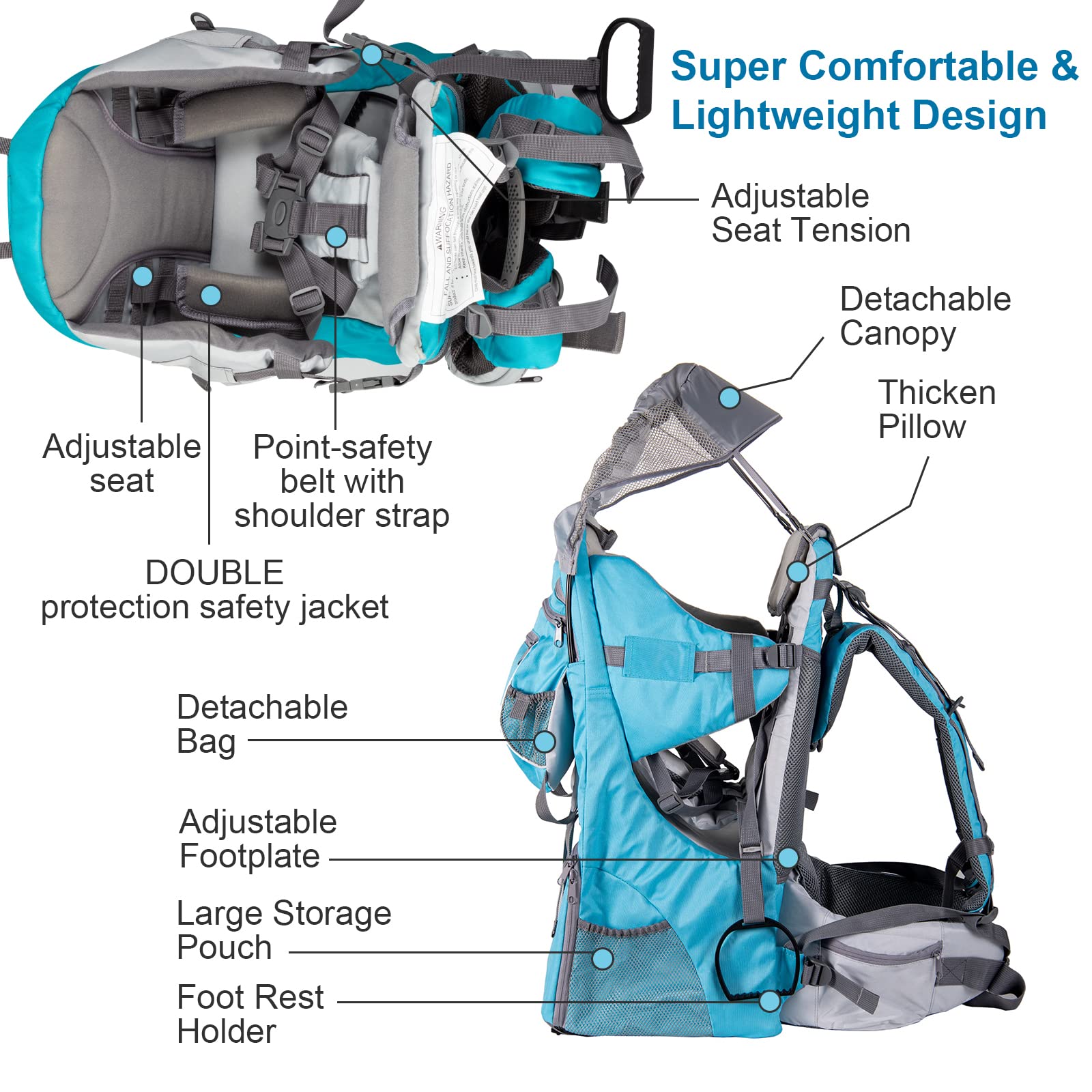 Baby Backpack Carrier - Adjustable Padded Toddler Hiking Backpack with Rain Cover & Sun Shade, Large Storage & Insulated Pockets for Safe Outdoor Adventures - Perfect for Hiking, Camping, and Family Travel