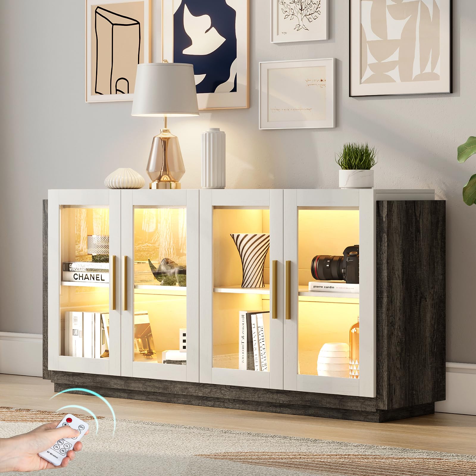 AMERLIFE Modern Sideboard Buffet Cabinet with LED Lights - White & Grey Accent Storage Cabinet with Glass Doors & Adjustable Shelves for Dining Room & Living Room | Perfect for Displaying China, Storing Linens, or as a Stylish TV Stand