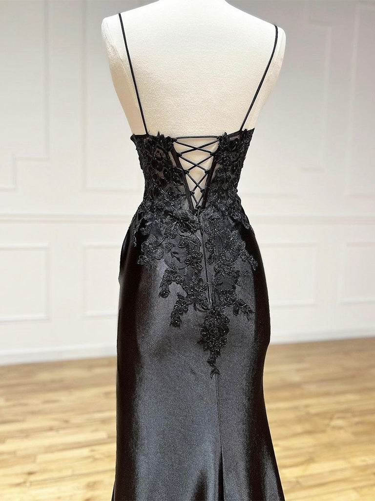Elegant Black V-Neck Satin Lace Long Prom Evening Dress - Perfect for Formal Dances, Galas & Special Occasions