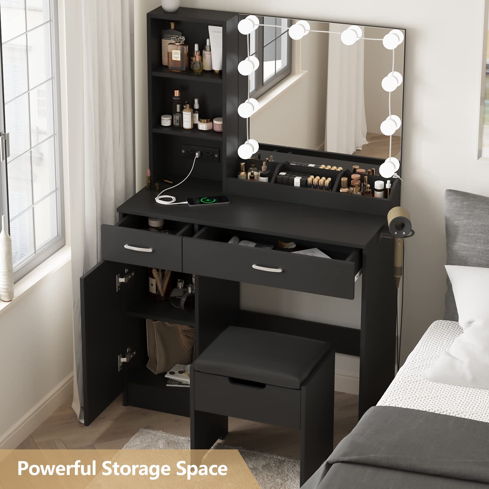 Fameill Black Makeup Vanity Desk with LED Lighted Mirror & Power Strip, 2-Drawer Vanity Table Set with Storage, 3 Adjustable Lighting Colors, 35.4 Inch - Perfect for Bedroom, Dressing Room & Home Beauty Station