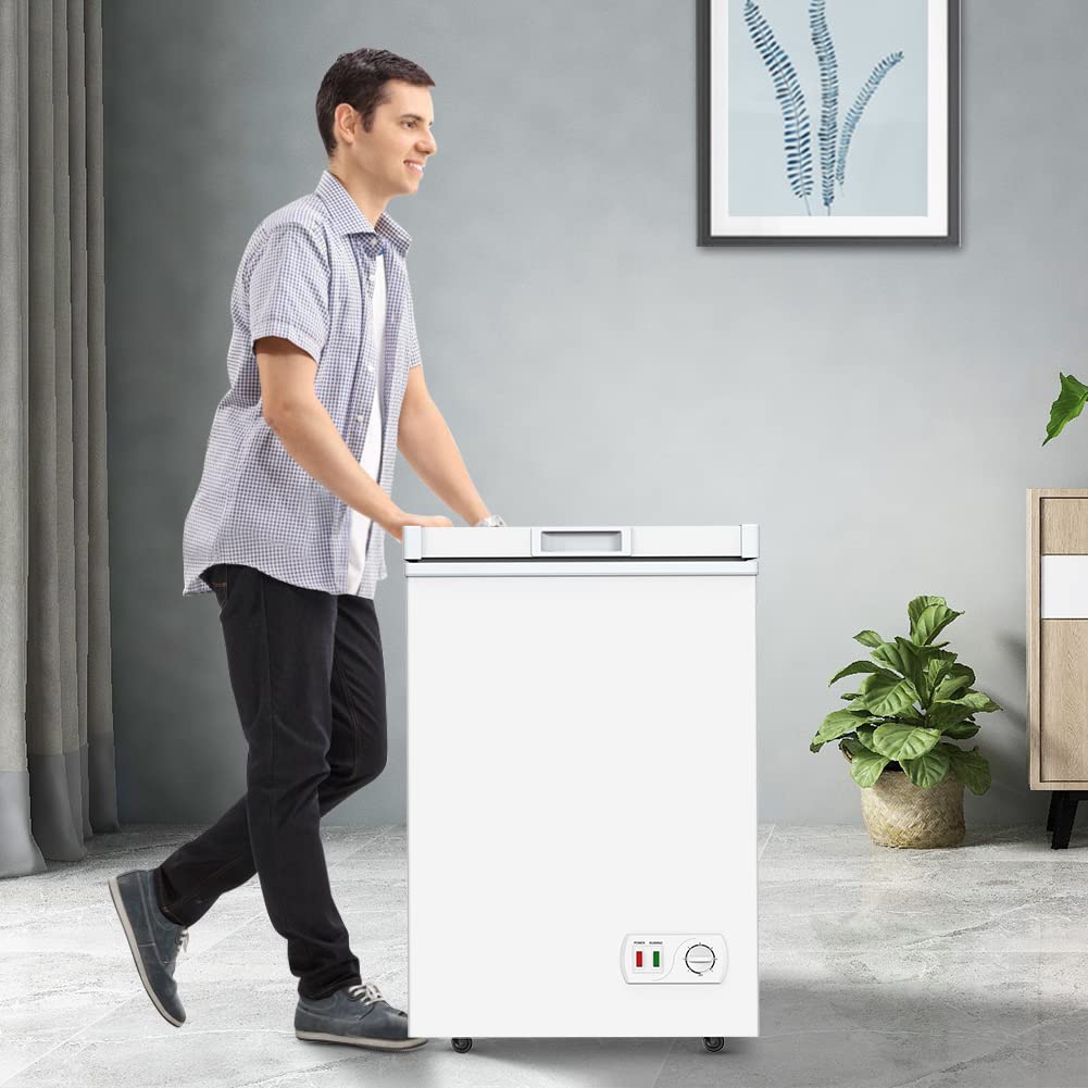 LifePlus 3.5 Cubic Feet Compact Chest Freezer - Energy Efficient & Ultra Quiet Deep Freezer with Removable Basket, Wheels for Easy Mobility - Perfect for Storing Meat, Breast Milk, Frozen Foods in Home, Garage or Basement