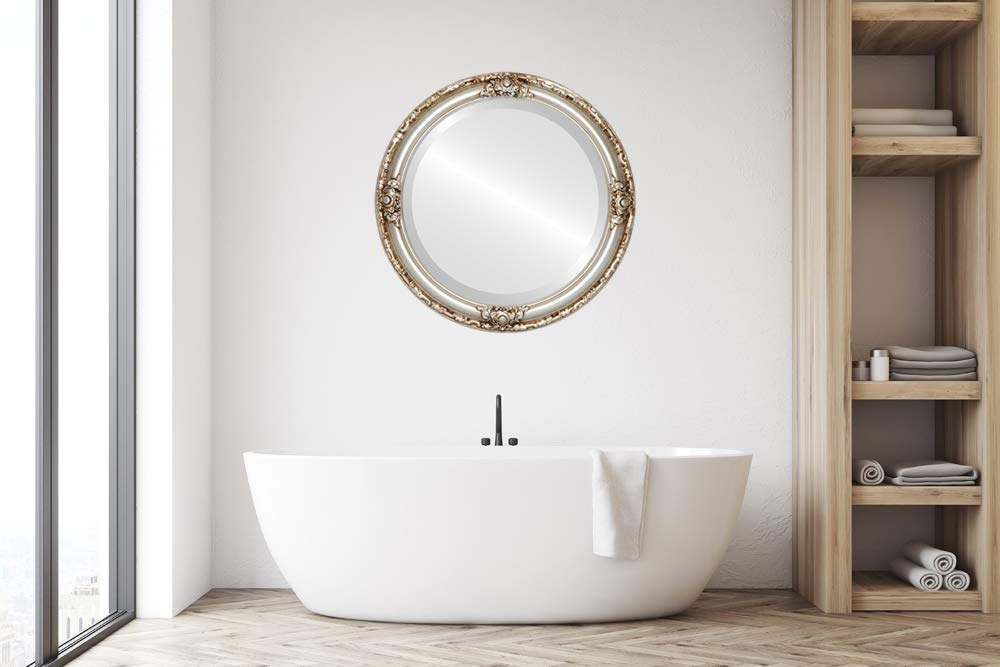 OVALCREST Jefferson Style Round Beveled Wall Mirror - 26x26 Inches Silver Framed Mirror for Living Room, Bedroom & Entryway Decor