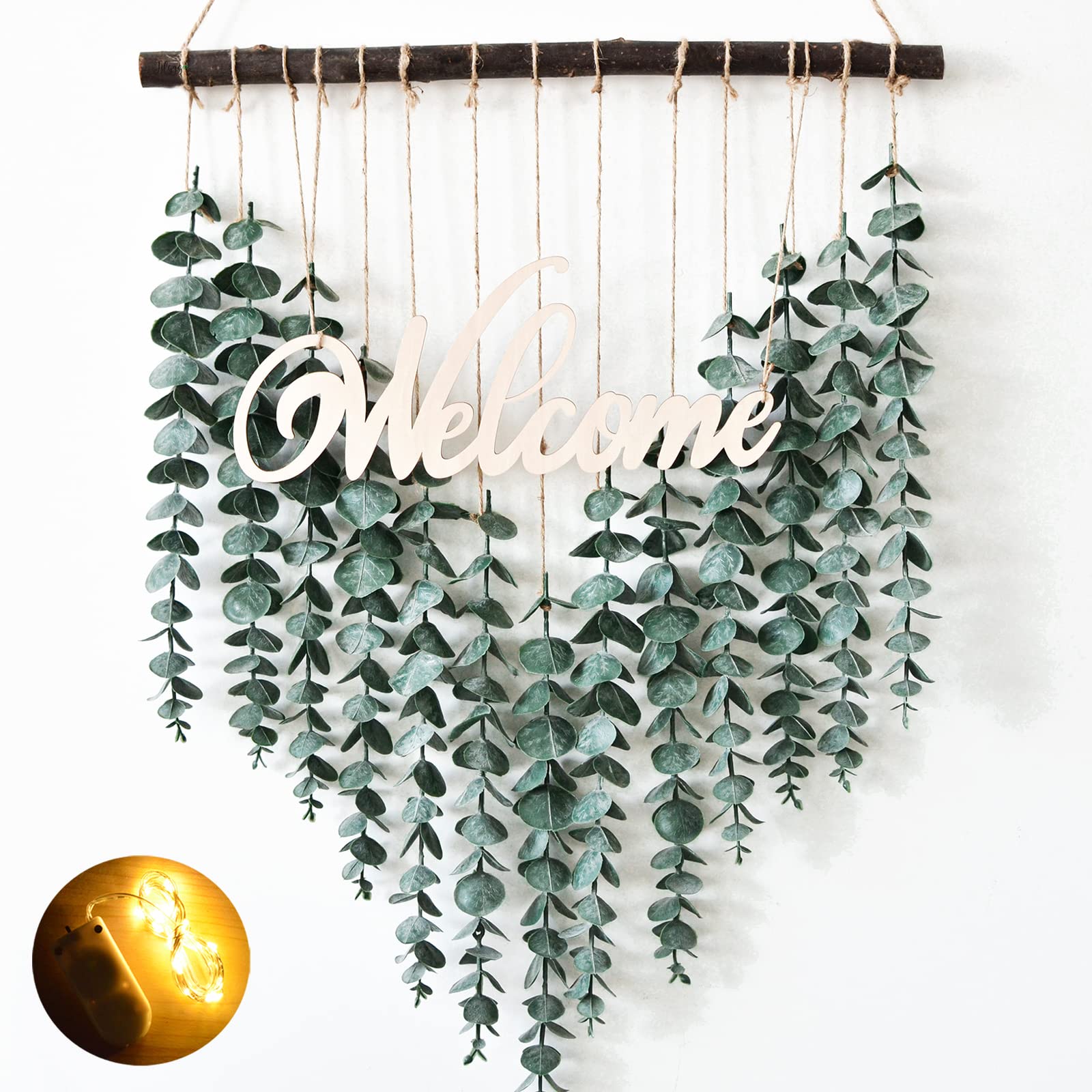 Artificial Eucalyptus Wall Decor - Fake Eucalyptus Greenery Hanging - Boho Welcome Sign for Bedroom, Bathroom, Living Room & Entryway - Perfect for Farmhouse, Rustic & Modern Home Decor