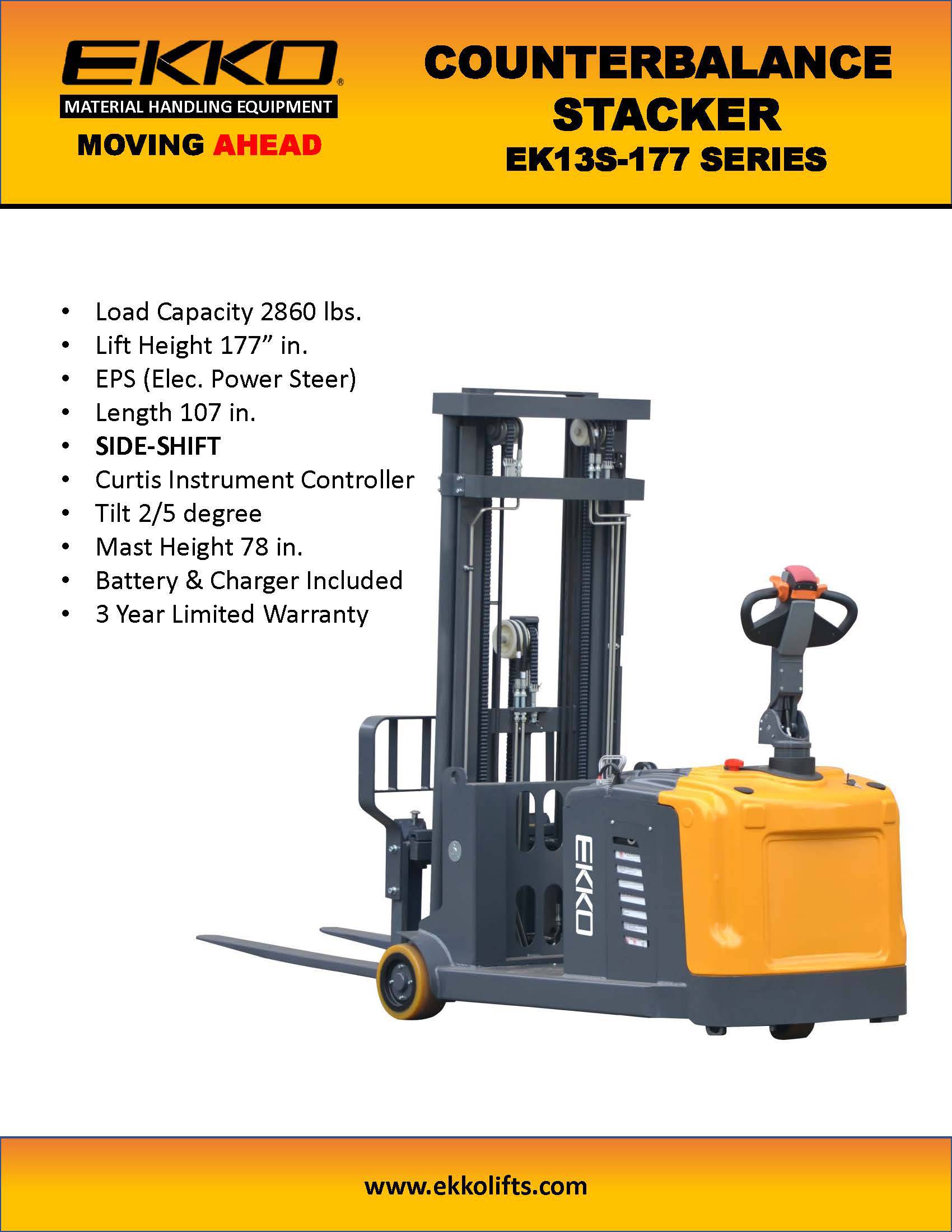 EKKO EK13S 177 Electric Walkie Stacker with Side Shift - 2860lb Capacity | Warehouse & Industrial Material Handling Equipment for Efficient Pallet Stacking