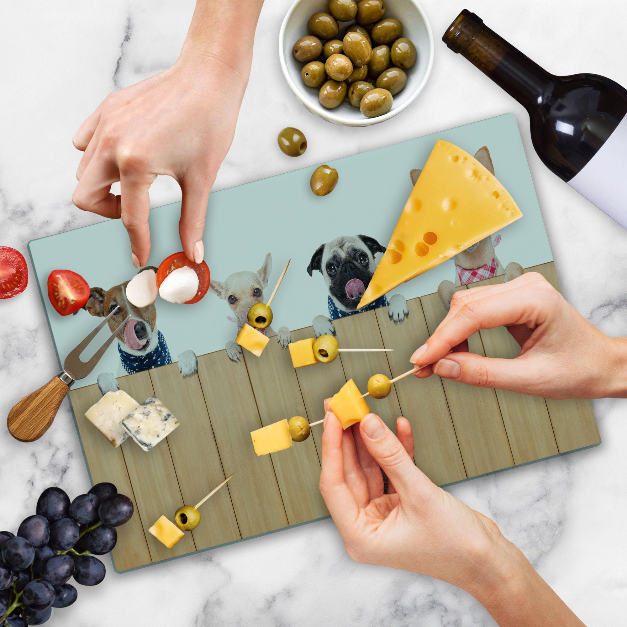 Lunarable Dog Lover Cutting Board - Large Tempered Glass Serving Board with Playful Hungry Dogs Design (Sand Brown/White) - Perfect for Kitchen Decor, Cheese Platters & Pet Lover Gifts