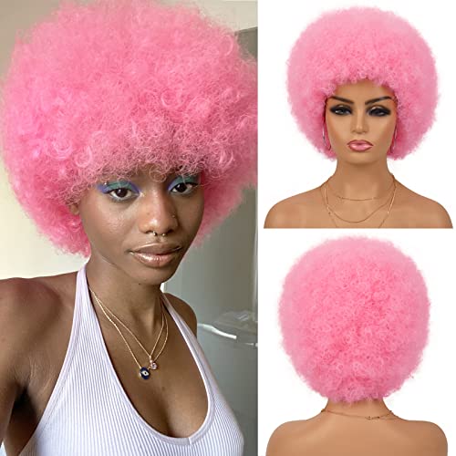 G&T Pink Afro Puff Wig for Women - 70s Style Curly Afro Wig with Bouncy Soft Texture - Natural Looking Colorful Synthetic Hair for Costume Parties & Halloween - Perfect for Cosplay, Theme Parties and Retro Fashion