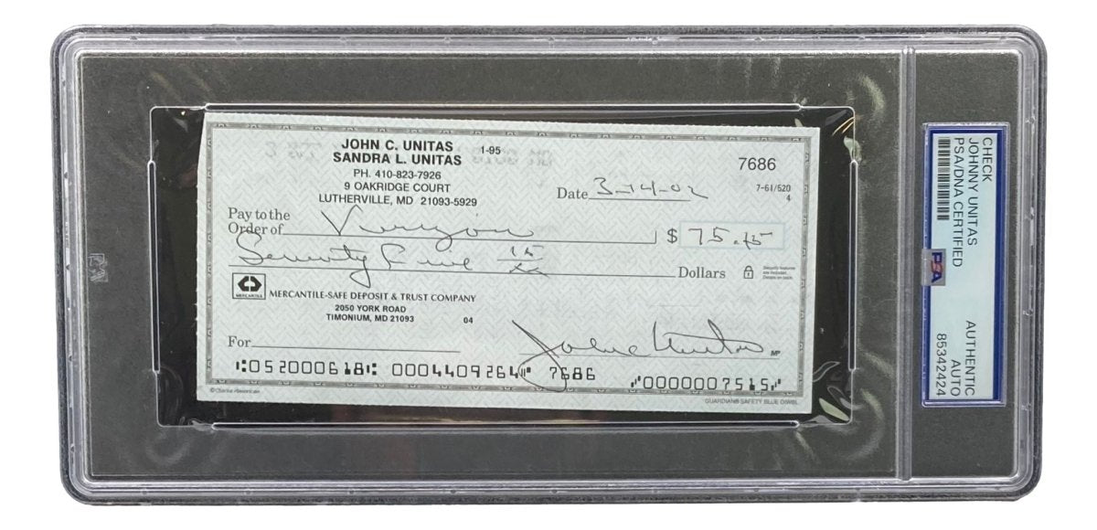 Johnny Unitas Baltimore Colts Autographed Bank Check #7686 PSA/DNA Certified - Rare NFL Memorabilia for Collectors & Sports Fans