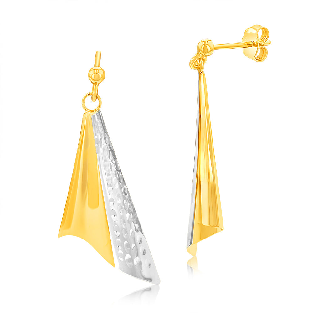 9ct Yellow and White Gold Folded Triangle Drop Earrings for Women | Elegant Dangle Earrings for Parties, Weddings & Special Occasions