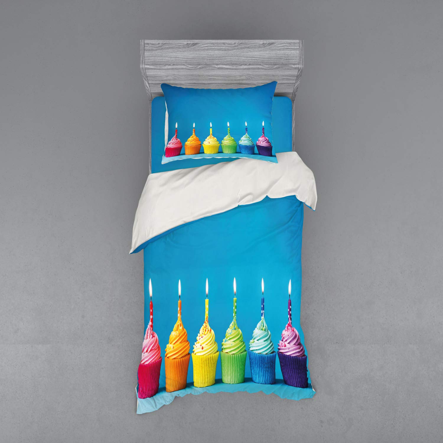 Ambesonne Rainbow Cupcakes Birthday Bedding Set - 3 Piece Duvet Cover with Sham & Fitted Sheet, Twin XL Size, Fun Party Theme for Kids & Teens - Perfect for Birthday Celebrations, Sleepovers & Room Decor