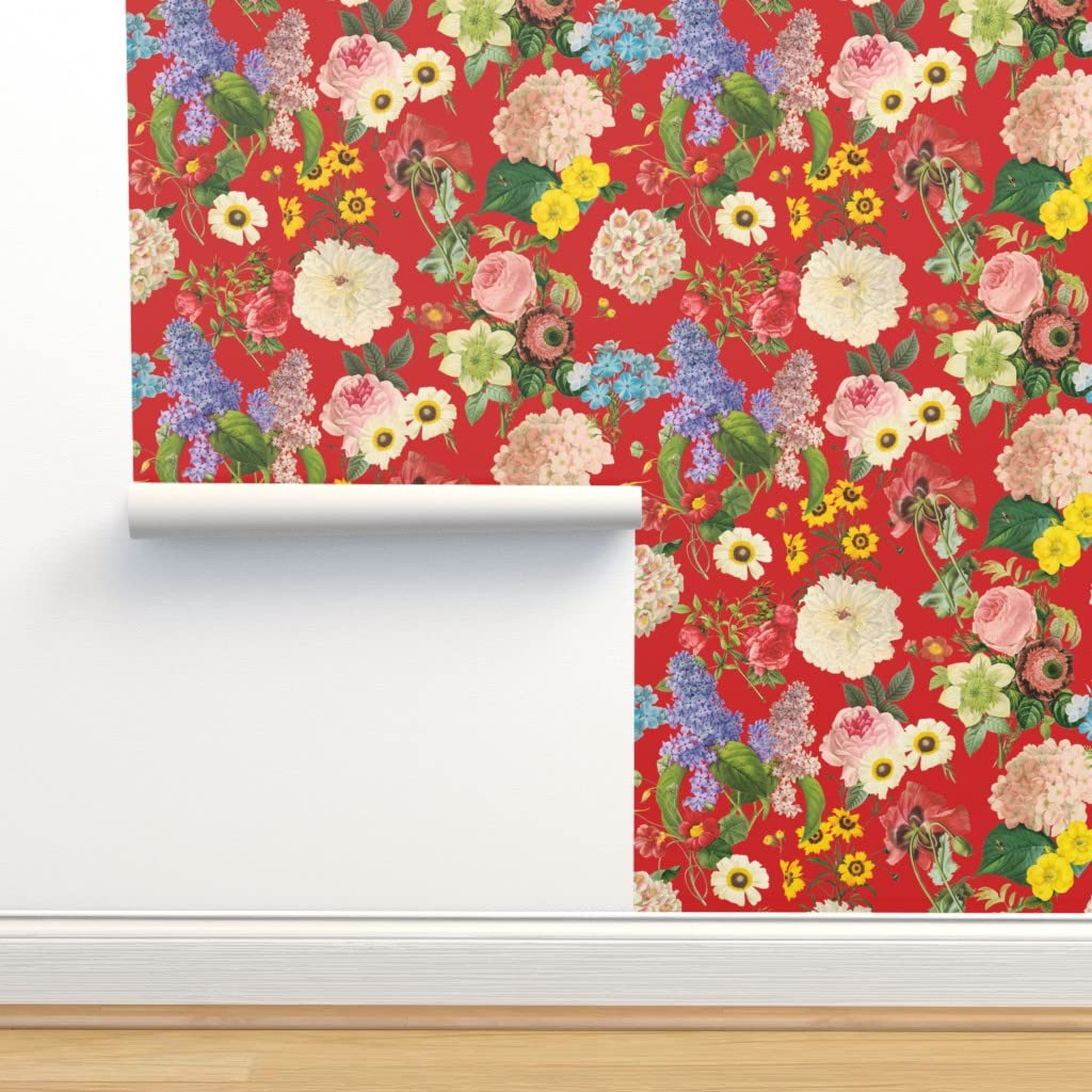 Peel & Stick Wallpaper Swatch - Floral Strawberry Garden Design | Removable Self-Adhesive Wallpaper for Bedroom, Nursery & Home Decor | Red Botanical Rococo Pattern by Spoonflower