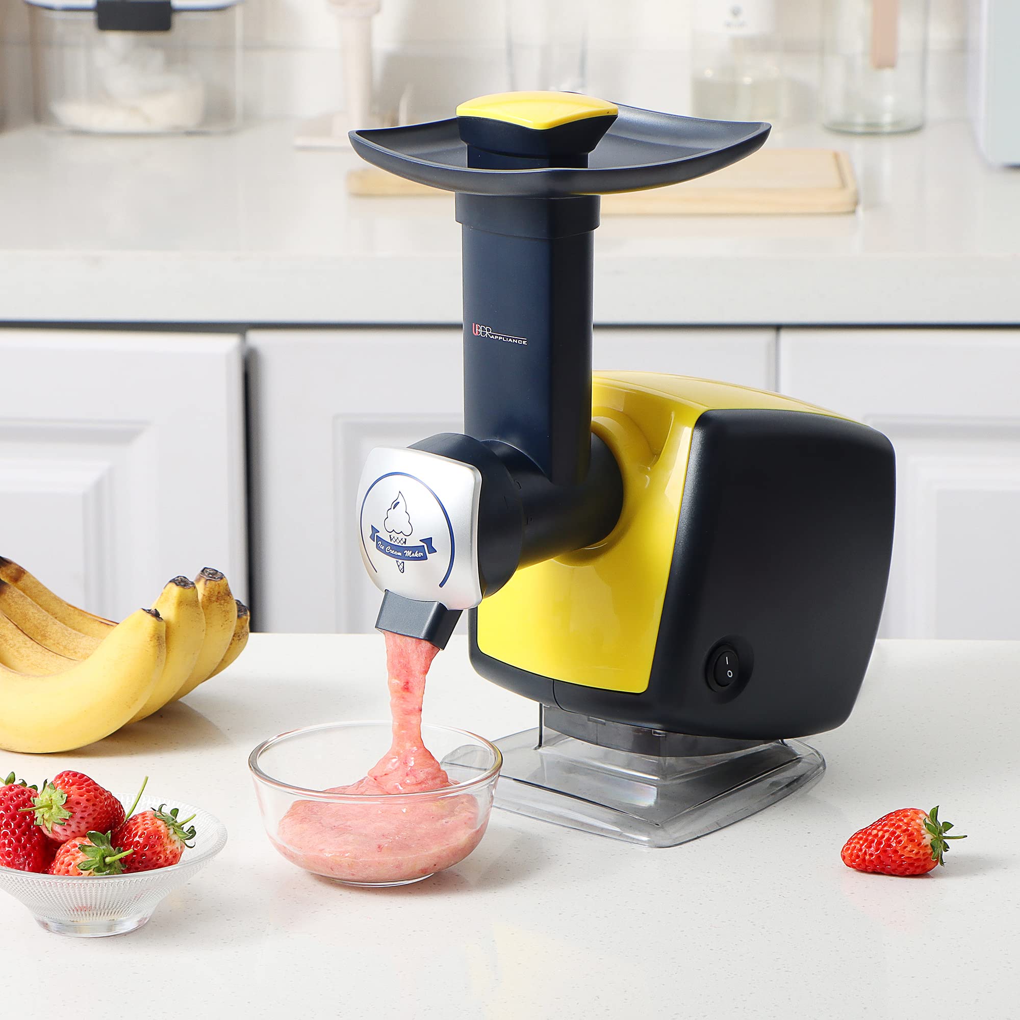 Uber Appliance Automatic Frozen Yogurt & Sorbet Maker Machine - Healthy Homemade Soft Serve Ice Cream, Sherbet, Fruit Dessert Maker with 4 Popsicle Molds & Recipe Book (Yellow) - Perfect for Parties, Family Treats & Summer Refreshments