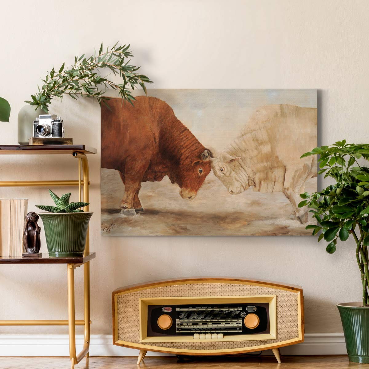 Premium Gallery Wrapped Canvas Wall Art - Two Bulls Fighting in Vibrant Orange, White & Brown - Western Style Home Decor (32x48 Inches) - Ready to Hang Made in USA | Perfect for Living Room, Office or Western-Themed Spaces